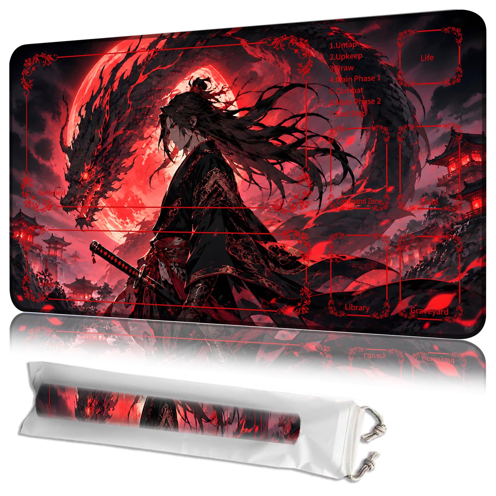 JANENFNA MTG Playmat with Zones 24 x 14 in, Non-Slip, with Storage Bag