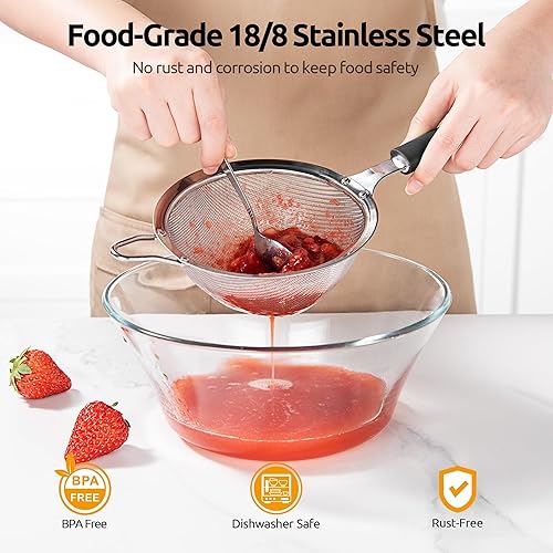 Miniatura 5 de U-Taste Colador de alimentos de malla fina tamiz de cocina de malla 30 de acero inoxidable 188 con mango de silicona remachado resistente, colador