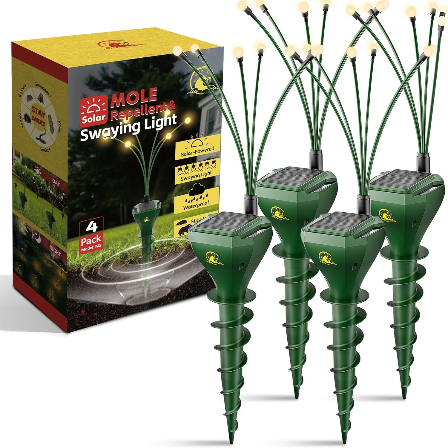 4 Pack Mole Repellent for Lawns Solar Powered Gopher Repeller Stakes for Outdoor with Swaying Light, Get Rid of Snake Vole Groundhog Vole Chipmunk Without Killer Trap, Waterproof Pet Safe