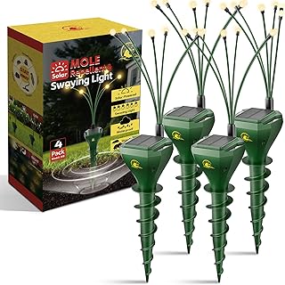 4 Pack Mole Repellent for Lawns Solar Powered Gopher Repeller Stakes for Outdoor with Swaying Light, Get Rid of Snake Vole Groundhog Vole Chipmunk Without Killer Trap, Waterproof Pet Safe