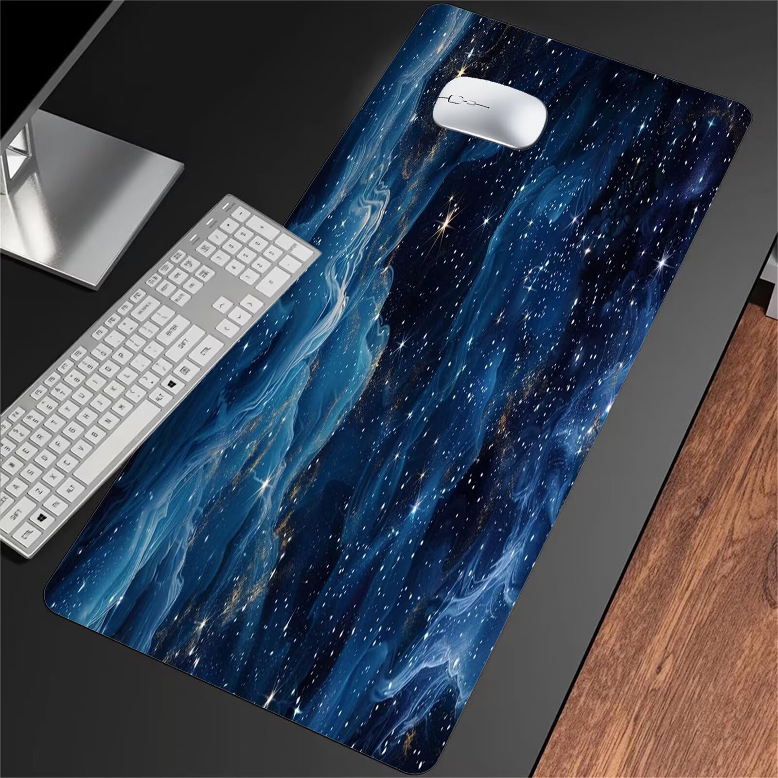 Duża podkładka pod mysz do gier 1200 x 600 x 2 mm podkładka pod mysz XXL, podkładka pod mysz do gier z zszytymi krawędziami i antypoślizgową gumową podstawą, do domu i biura (niebieskie gwiaździste