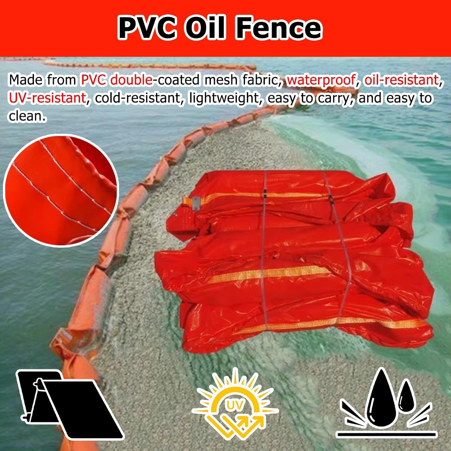 PVC Oil Containment Booms for Marinas - 32.8ft & 65.6ft Reusable Floating Oil Spill Barriers, Heavy-Duty Debris Fence, Environmental Protection Solutions