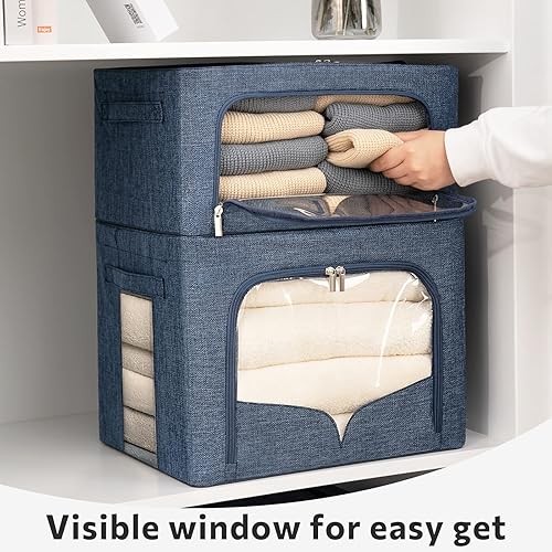 Miniatura 6 de Paquete de 3 contenedores de almacenamiento de ropa, caja de almacenamiento plegable grande con marco de metal, organizador apilable de tela de lino