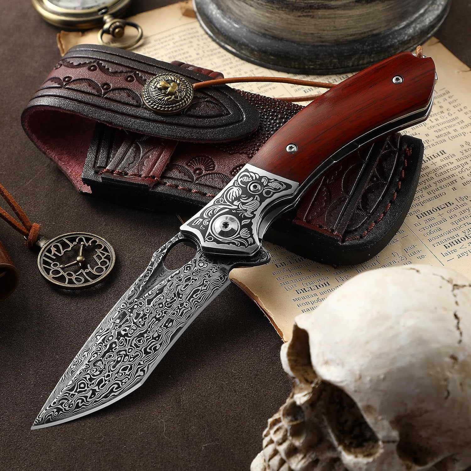 DRACHENADER Damascus Steel Folding Pocket Knife with VG10 Core, Wooden Handle & Leather Sheath, Outdoor Knife and Gift for Collectors, Knife Lovers, and Enthusiasts