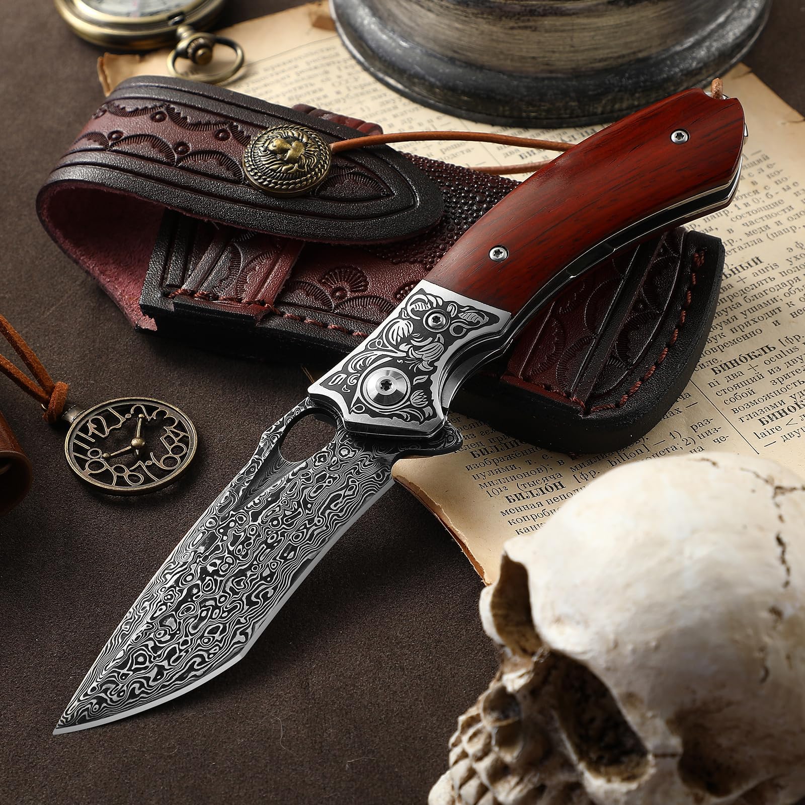 DRACHENADER Acero de Damasco de de un solo filo navaja de bolsillo con funda de cuero hermoso, cuchillo plegable al aire libre VG10 Kern mango de madera de regalo