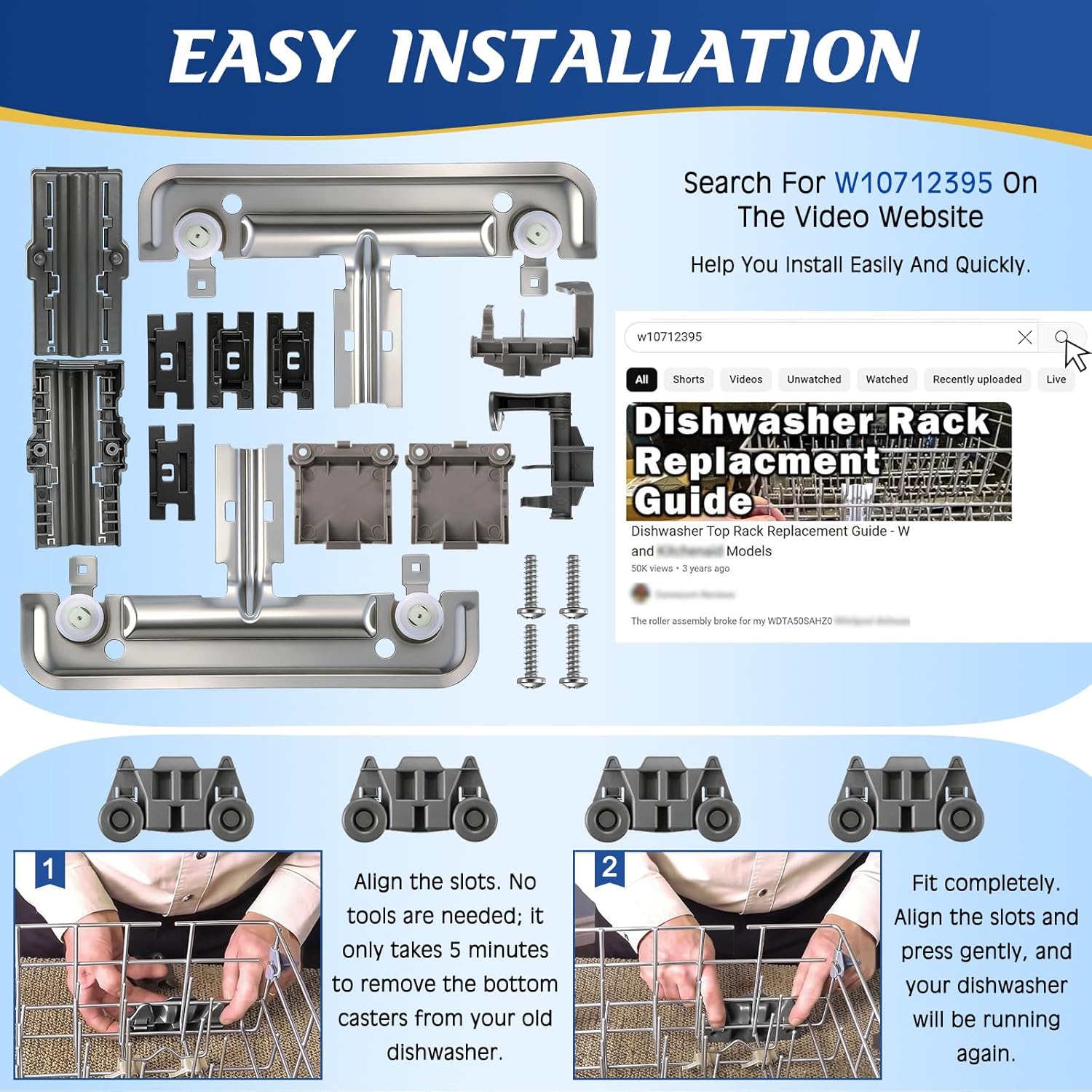 W10712395 W10195416V Dishwasher Replacement Top Rack & Lower Rack Wheel Metal Part Kit Compatible with Kenmore/KitchenAid/Maytag for Dishwasher