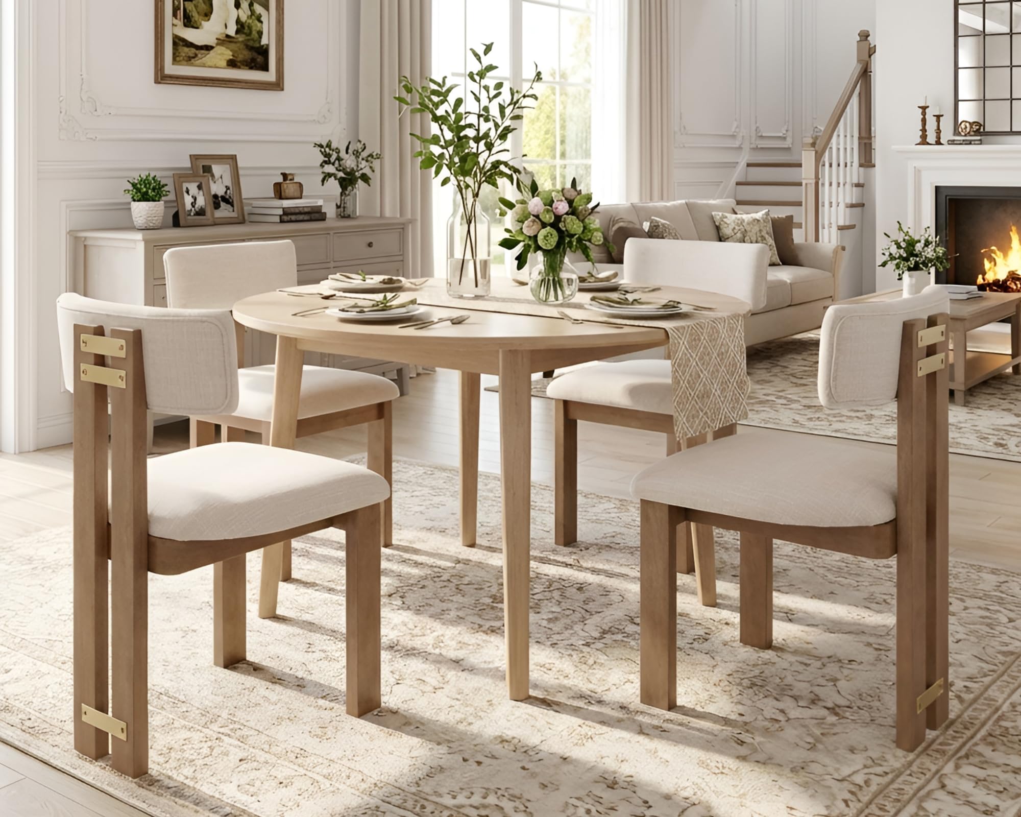 Wahson Linen Dining Chairs Set of 4, Farmhouse Fabric Kitchen Chairs with Natural Hardwood Legs，Armless Upholstered Accent Chairs for Dining Room,