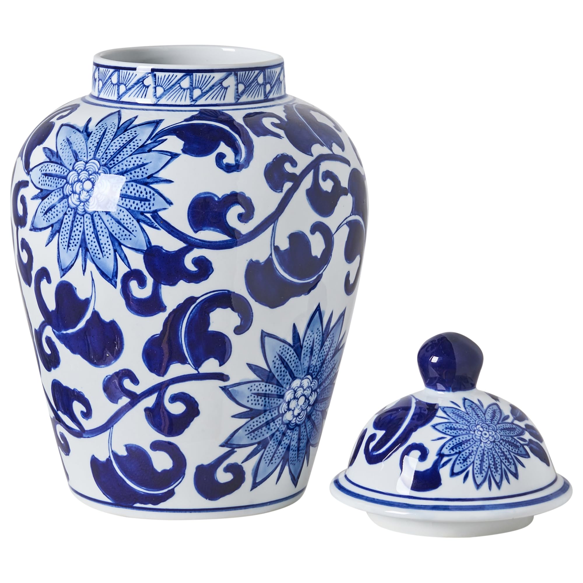 Blumenvase mit Deckel groß rund Porzellan weiß/blau handgemacht Deckelvase 36 cm hoch Cuenca
