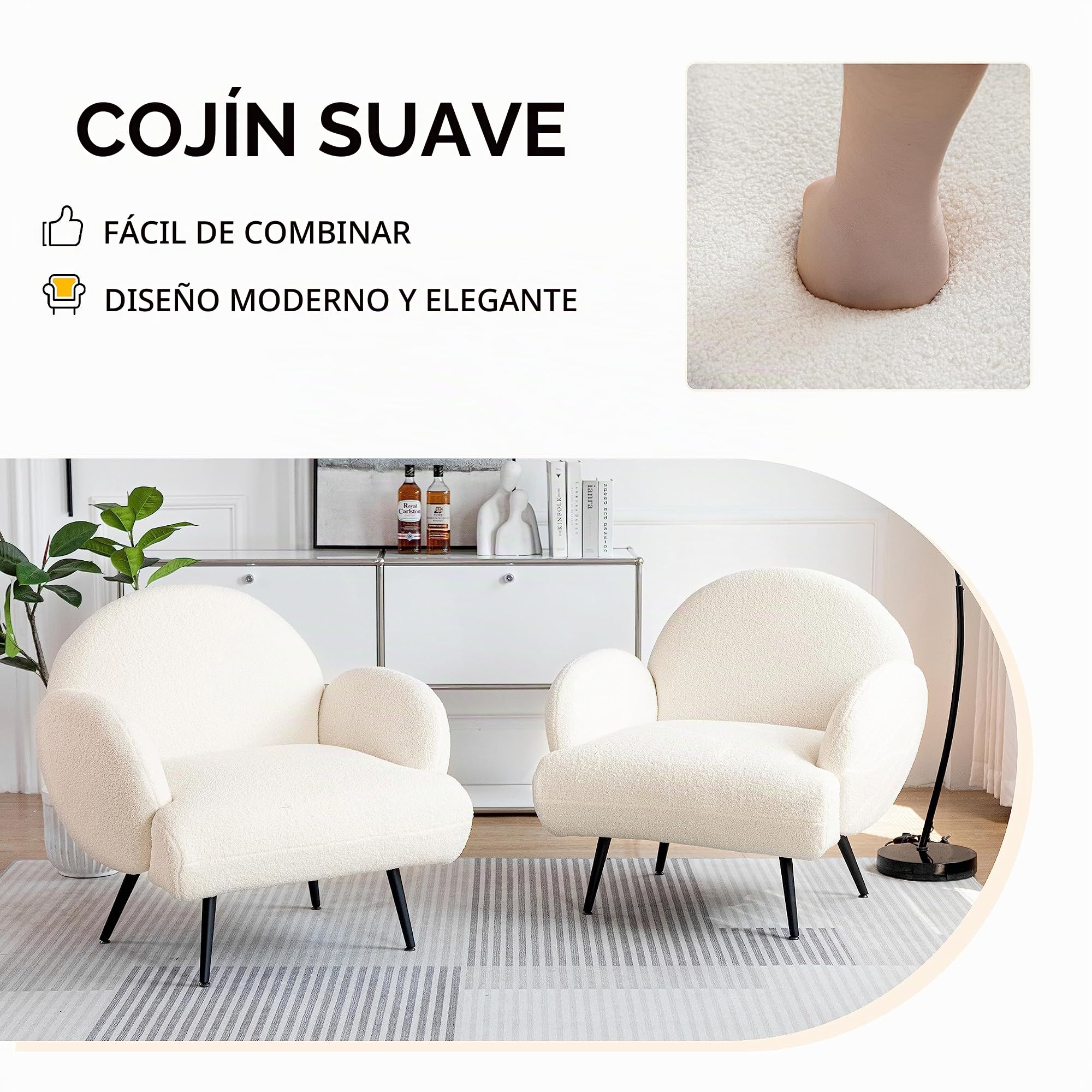 Sillón Moderno, sillón tapizado con Patas de Metal Negro para salón, Dormitorio, balcón, Estudio, Blanco