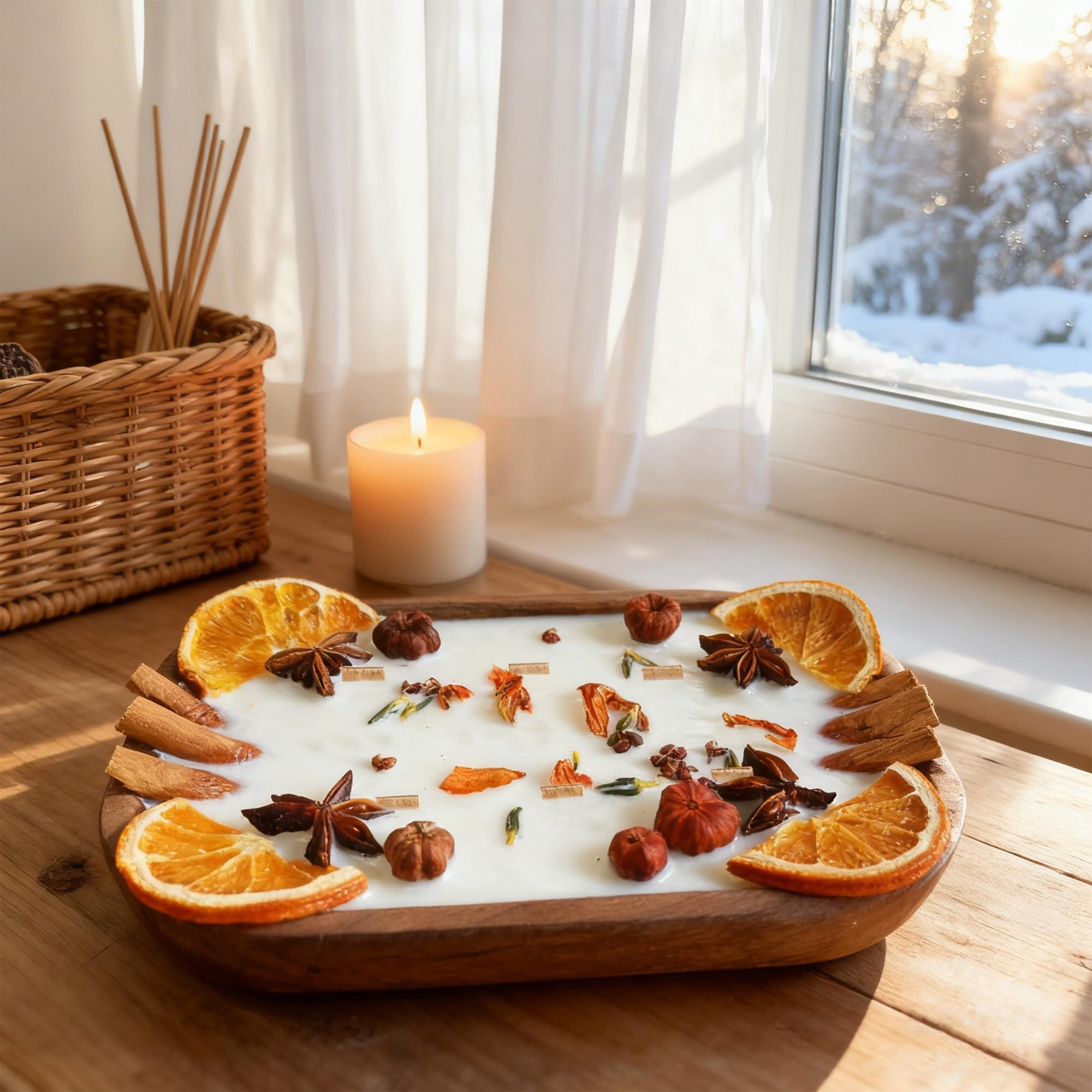 3 Wick Spice Decorated Scented Candle in Wooden Bowl - 20 Oz Aromatherapy Soy Wax Candle for Home Holiday Decor - Pumpkin Spice Cinnamon Clove Scented-PUM