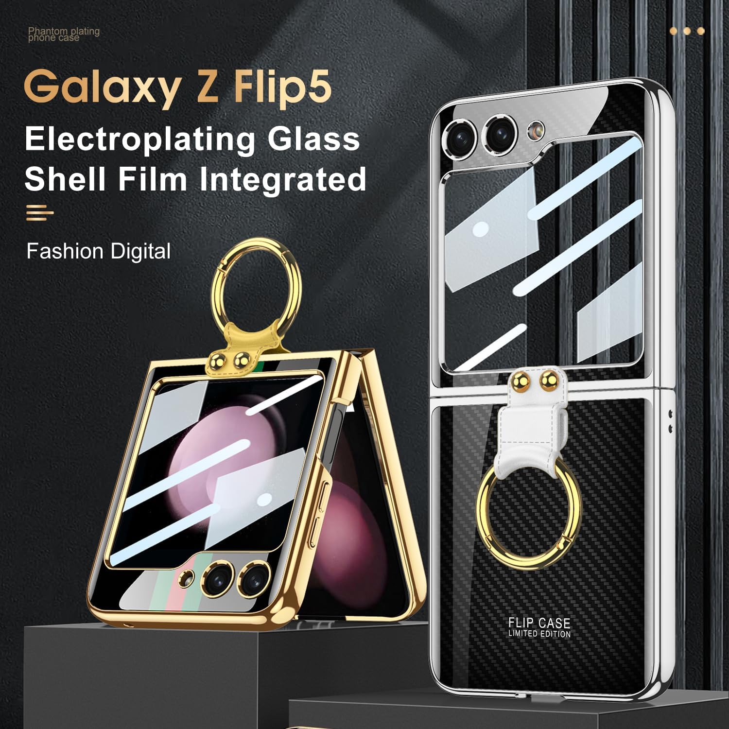 SHIEID Galaxy Z Flip 5 Case Painted Glass Phone Cover with Ring Holder and Small Screen Protection Ultra-Thin Glass Fashion Design for Samsung Galaxy Z Flip 5 Case, Mysterious Black