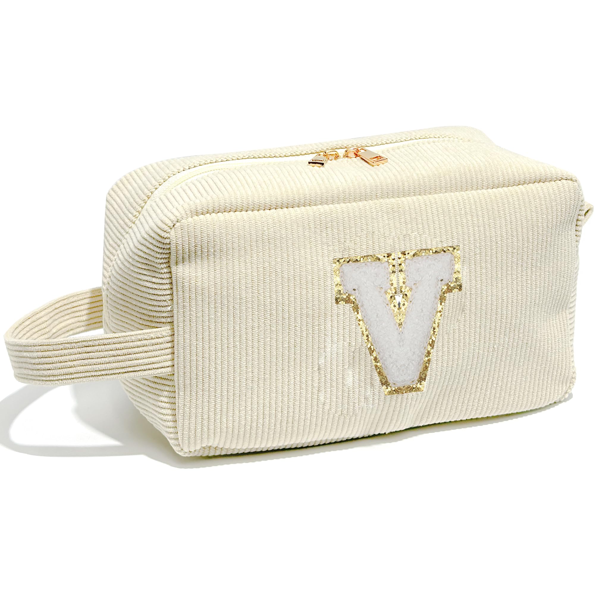 Veki Preppy Makeup Bag for Women, Personalized Initial Letter Cosmetic Bags with Zipper, Chenille Small Toiletry Patch Pouch, Cute Make up Bag Organizer for Teen Girls Birthday Gifts Teacher (Beige,V)