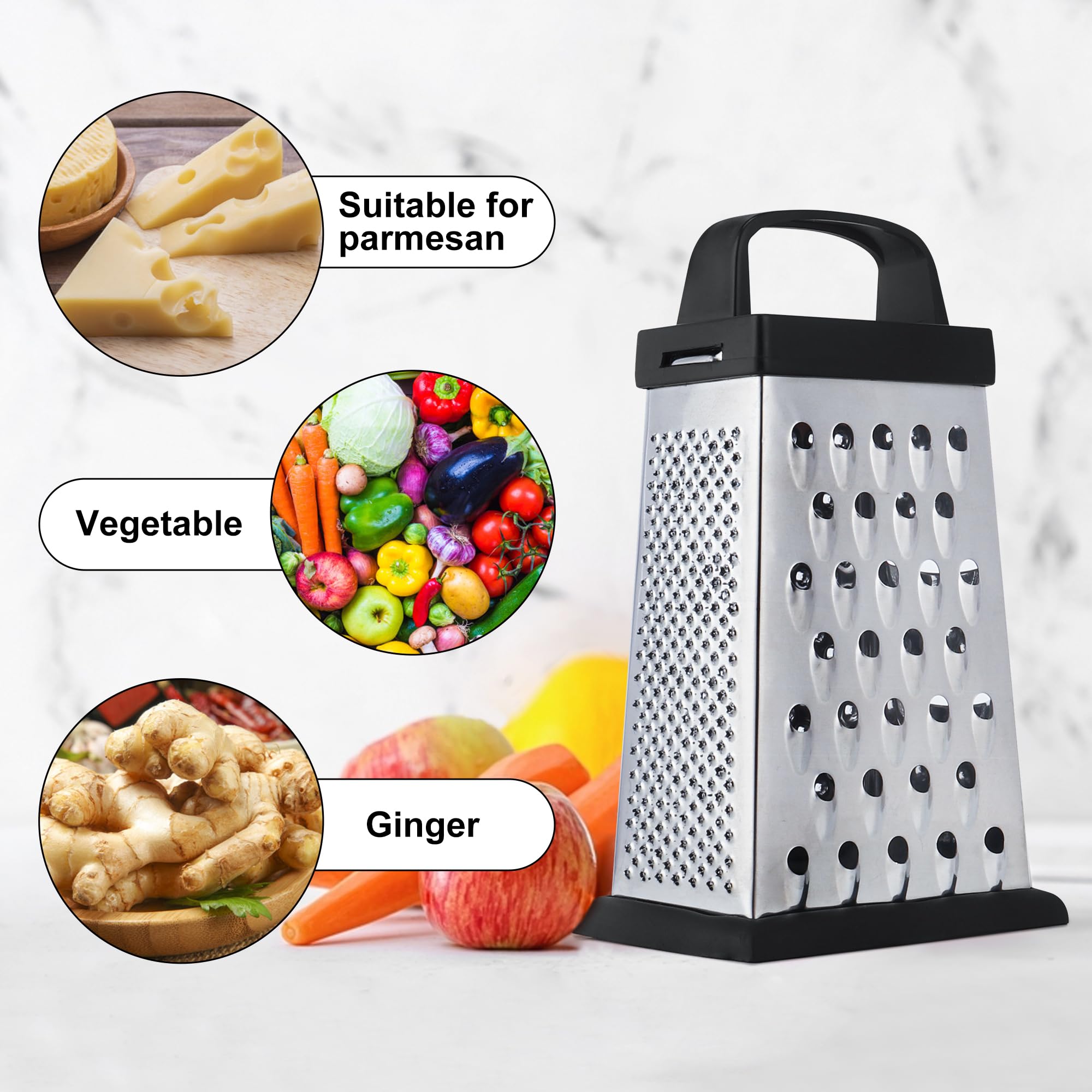 Rallador de queso, rallador de acero inoxidable de 4 caras, tamaño pequeño, triturador de alimentos para queso, parmesano, verduras, apto para lavavajillas, negro 4