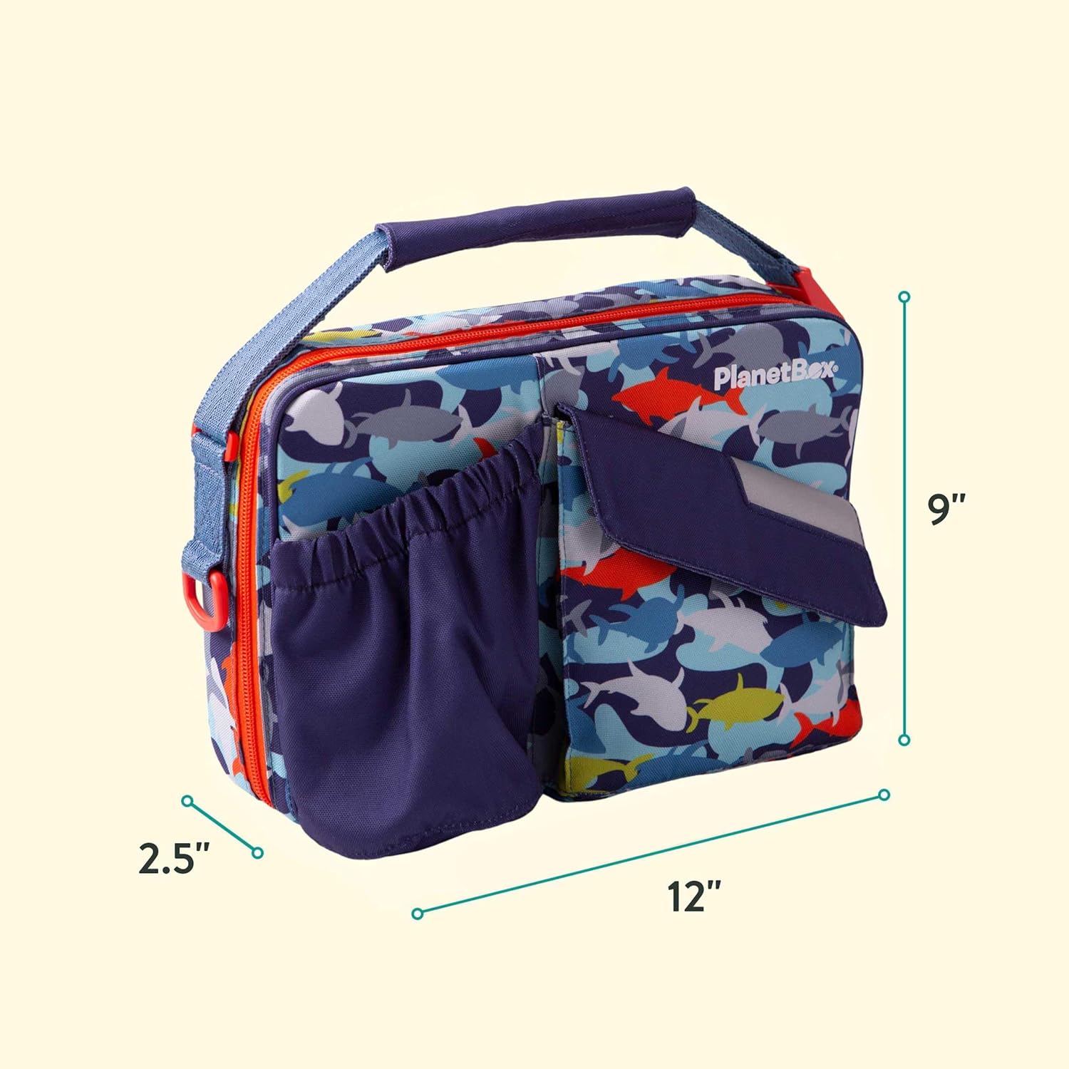 PlanetBox Insulated Lunch Bag – Camo Shark Edition Carry Bag with Pockets for Water Bottle and Snacks – Durable, Easy to Clean, and BPA Free