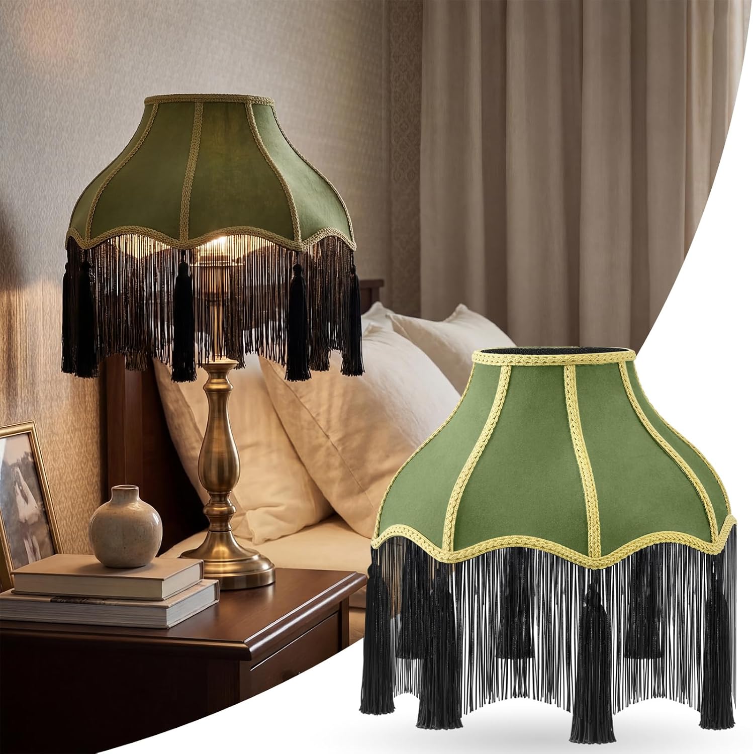 VIHOSE 2 Pcs Vintage Lamp Shades Victorian Lampshades with Tassel and Fringe Olive Green 13 x 12.3 Inches Bell Shape Scalloped Floor and Bedside Lamps for Table
