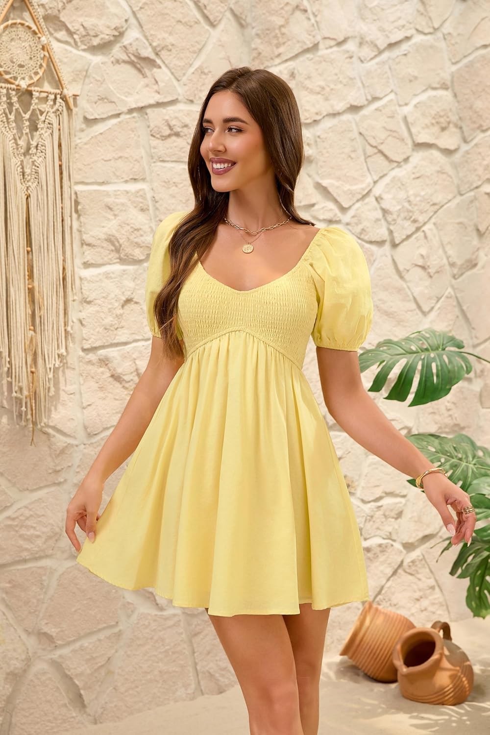 Women's Summer Casual Puff Sleeve Babydoll Dress V Neck Empire Waist Boho Swing Sundresses Beach Mini Dresses - Image 4