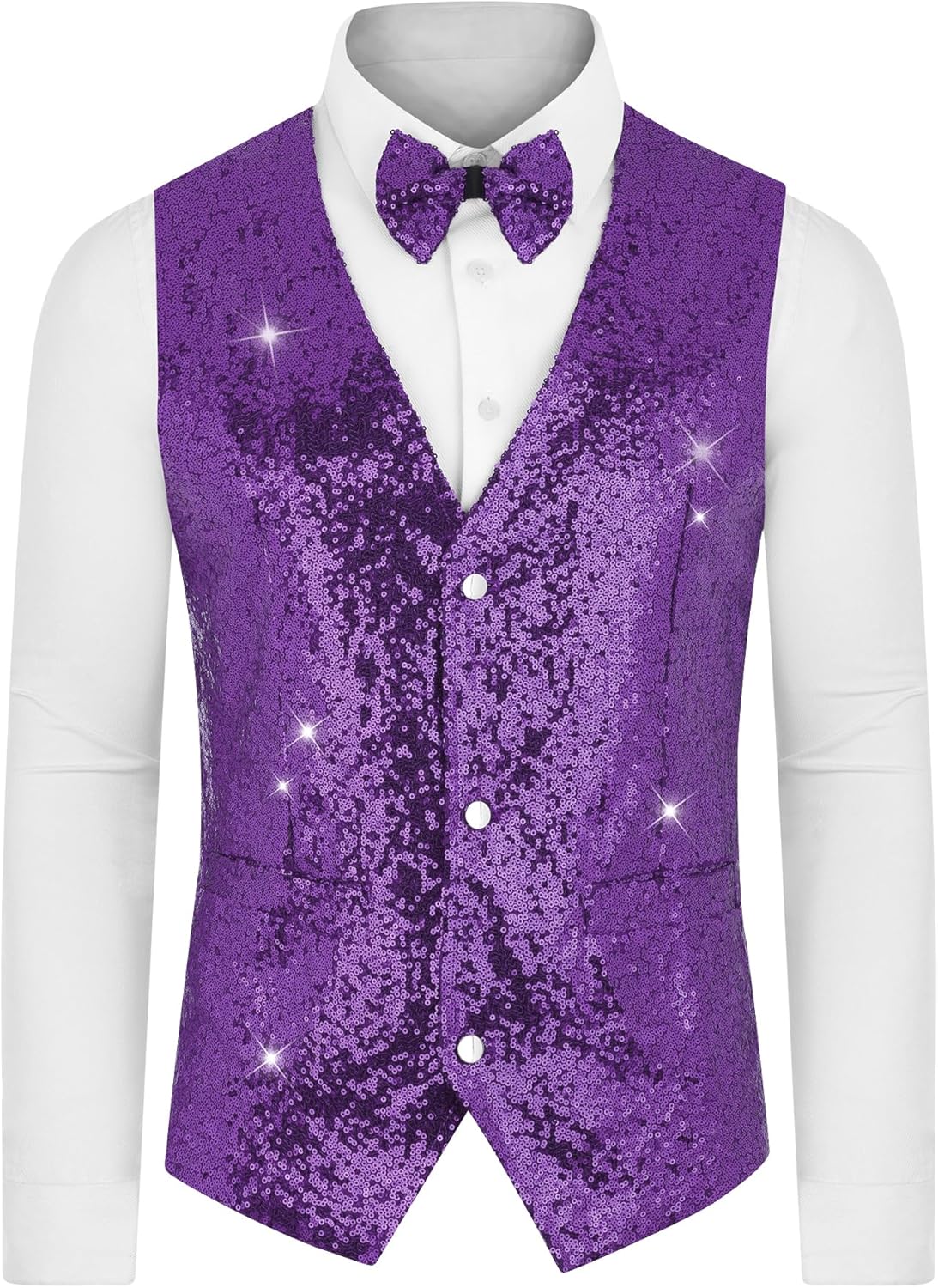 Lars Amadeus Sequins Vest for Men's V-Neck Slim Fit Shiny Disco Party Sleeveless Waistcoat Bowtie