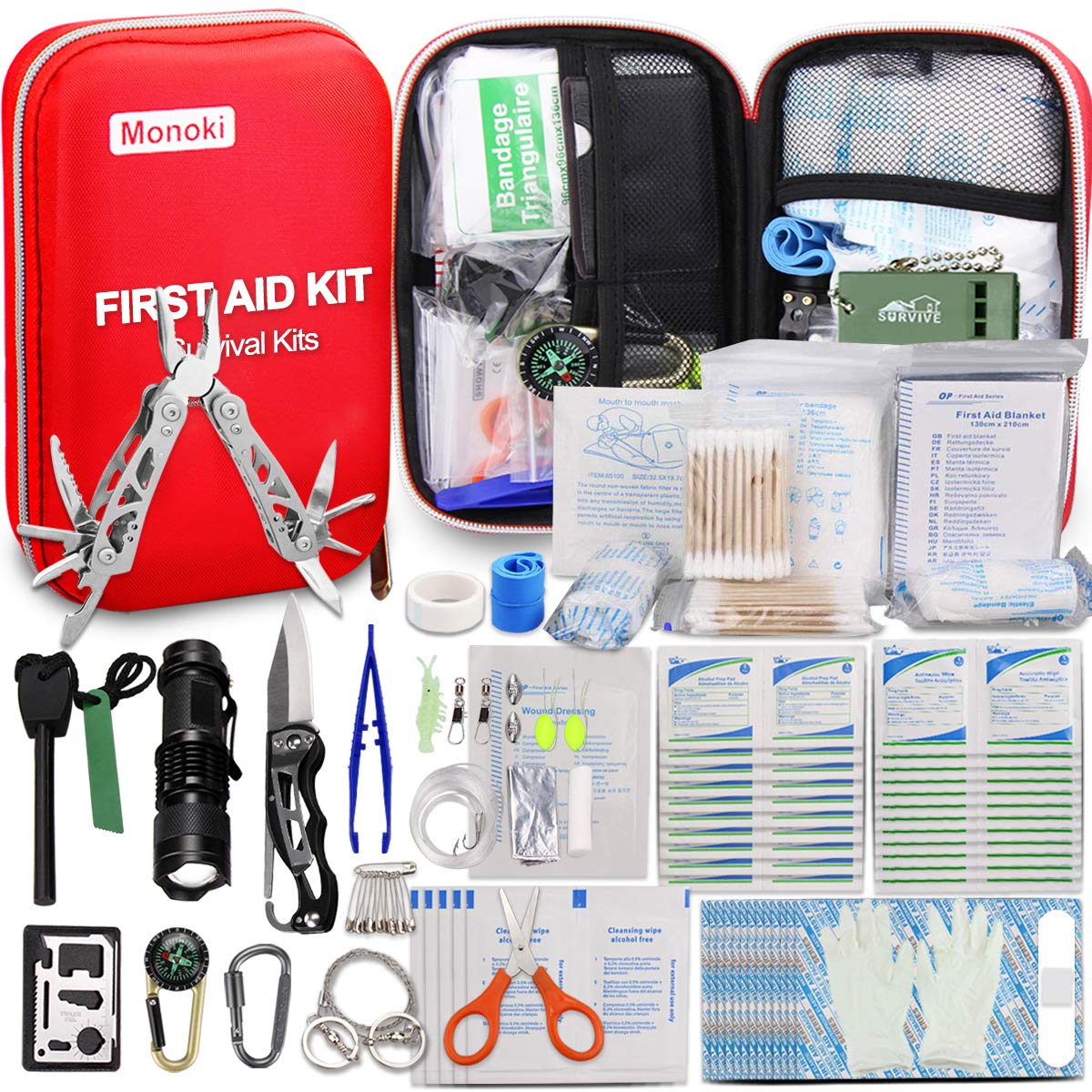 Monoki First Aid Kit Survival Kit, 241Pcs Upgraded Outdoor Emergency Survival Kit Gear - Safety First Aid Kit for Home Office Car Boat Camping Hiking