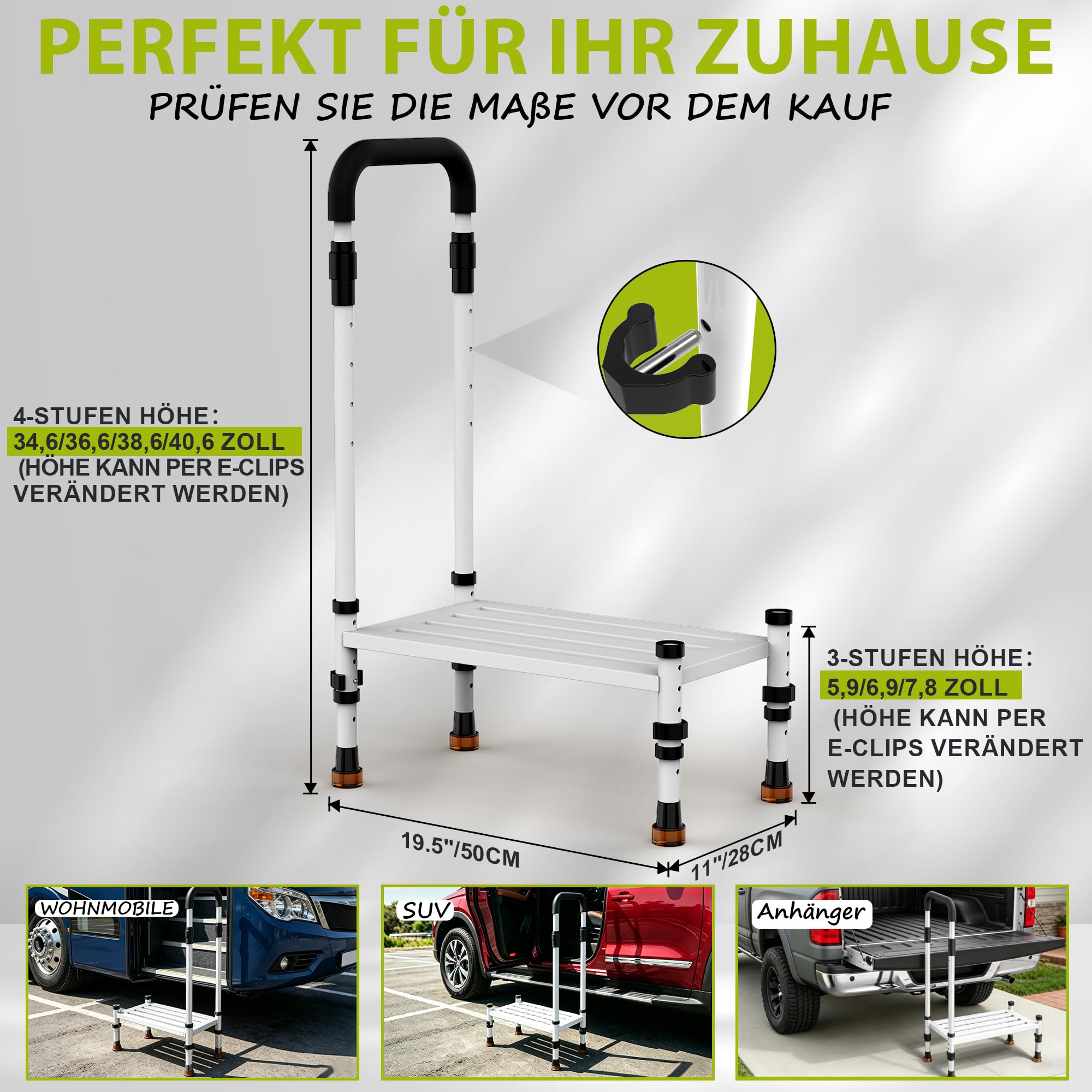 Trittstufe für Senioren mit Griff, höhenverstellbar, rutschfest | Robuste Aufstiegshilfe für Innenbereich, Auto, SUV & Wohnmobil, geeignet für Kinder, Erwachsene & Senioren, Tragkraft 360 kg