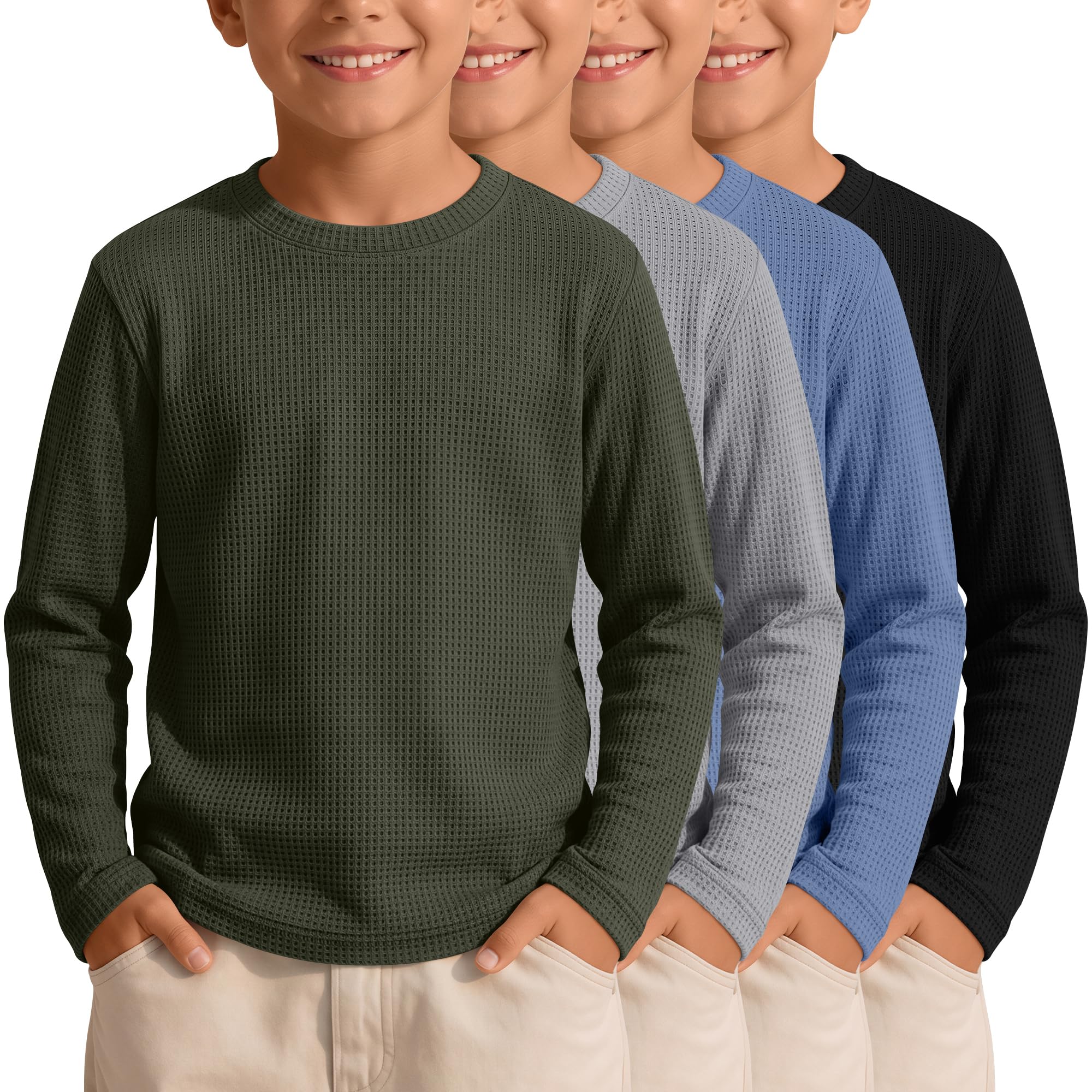 4 Pack Boys Long Sleeve Waffle Knit Thermal Shirts