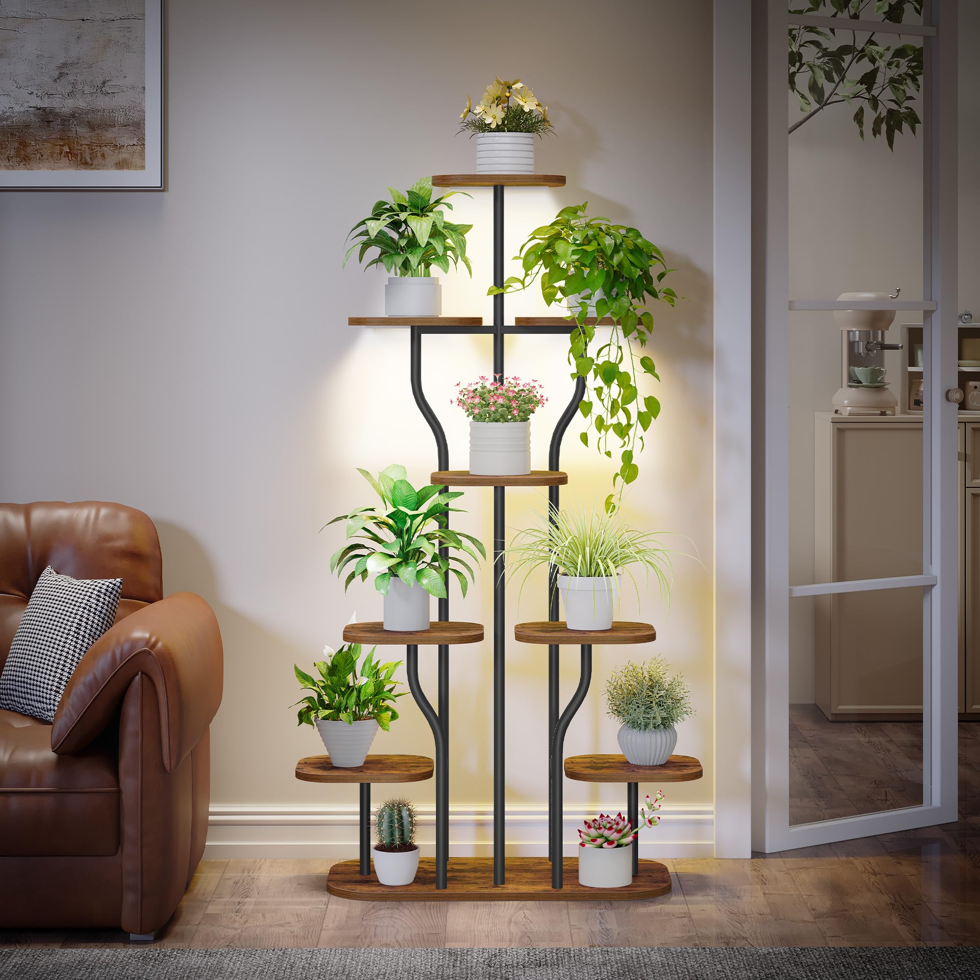 Hzuaneri Pflanzenständer mit Wachstumslicht - 9 Ebenen Blumenständer 124 cm Metall Holz Pflanzenregal, Geschwungene Pflanzentreppe für Innen, Wohnzimmer, Balkon, Vintage-Braun PS16401BEU