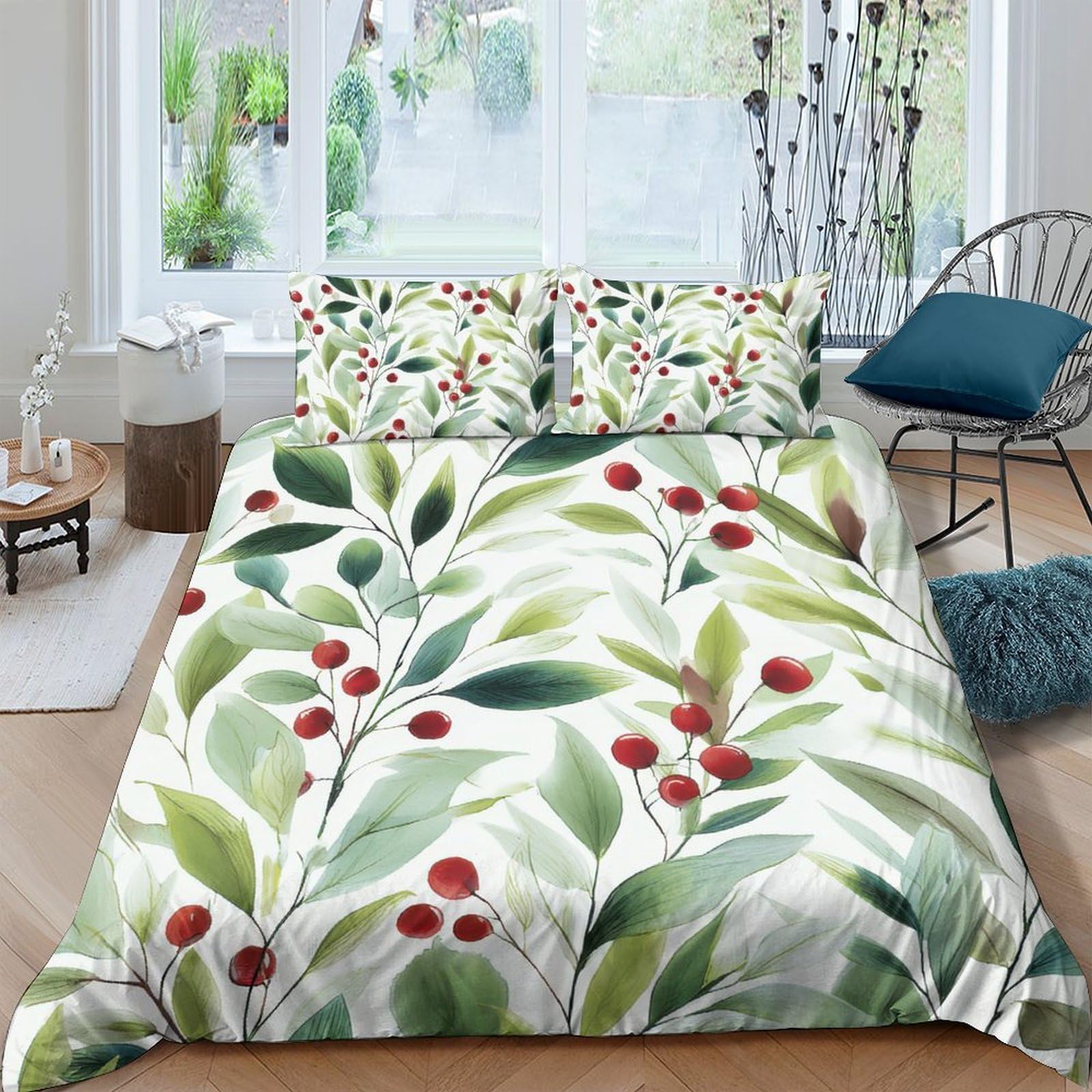 Ctjqhvkz Style-10 3D Printed Leafy Botanical Fitted Sheet Microfiber Soft Green Red Berry Mattress Cover For Bedroom Guest Room Home Decor Single（135X200cm）