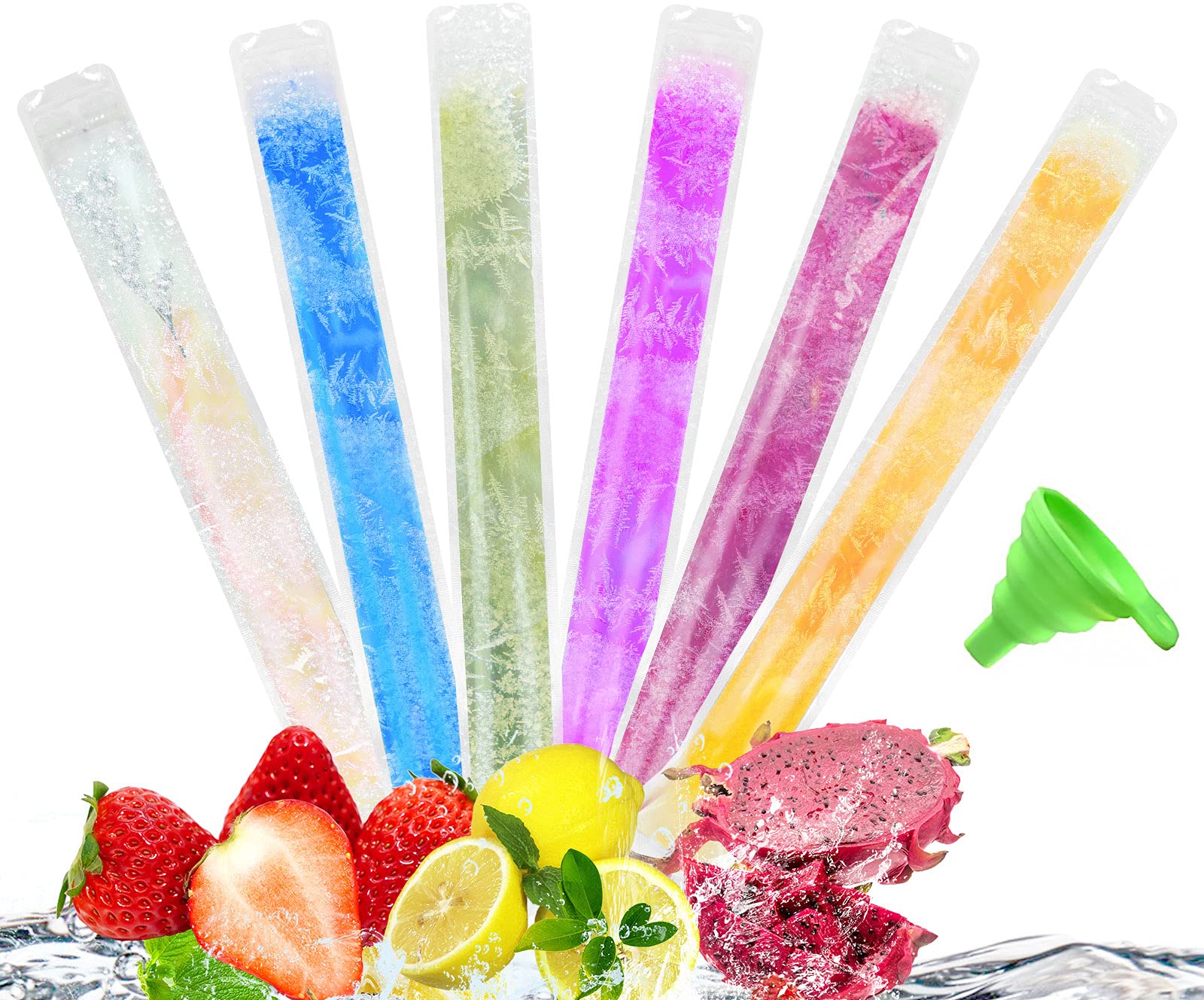 90pcs Disposable Ice Pop Molds Bags - 8.7x2.4" Large Freeze Pop Bgas Popsicle Bags with Silicone Funnel Popsicle Molds Pouches with Zip Seals for Smoothies, Ice Candy Pops, Yogurt Sticks