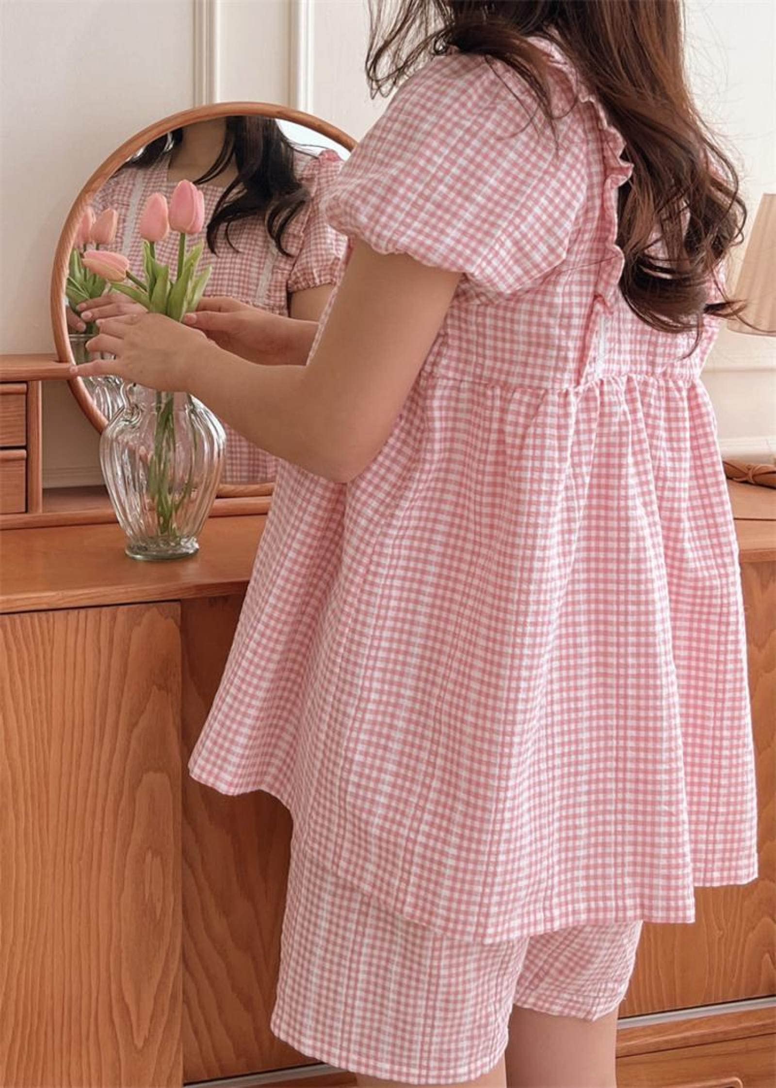 Damen-Pyjama-Sets Mit Eckigem Halsausschnitt Und Spitze, Weich, Süße Schleife, Kurze Ärmel, Karomuster, Baumwoll-Jacquard, Schöne Nachtwäsche, Schicke Damen-Homewear, Lässig, Studenten-Nachtwä
