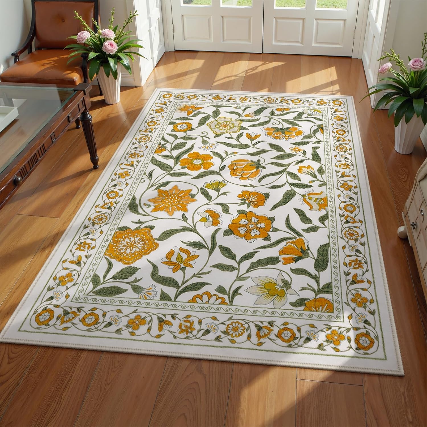 LHOMKCV Yellow Floral Area Carpet, 180x300cm, Vintage Boho Flowers Beige Rug, Classic Rustic Farmhouse Door Mat, Lightweight Breathable No Crease Home Decor Flat Rug for Playroom Kitchen