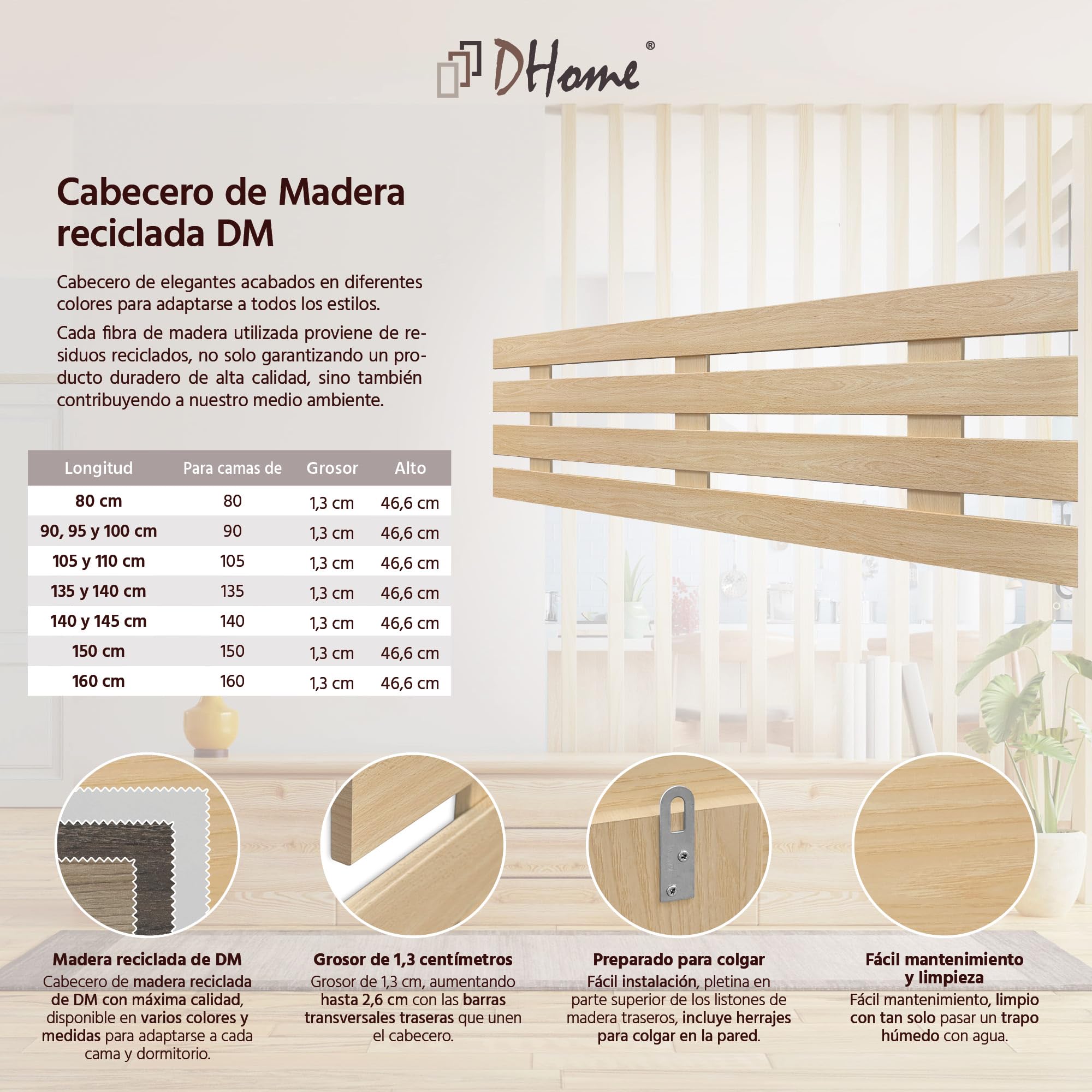 DHOME Cabecero de Madera Horizontal 4 DM Reciclado Estilo Palet Dormitorio Cama Moderno Herrajes incluidos (Madera Natural, 140cm)
