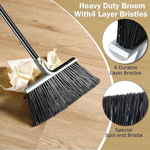 Miniatura 4 de Roshtia Juego de 8 escobas resistentes de 58 pulgadas para interiores y exteriores, escobas rígidas comerciales con mango largo en ángulo de garaje