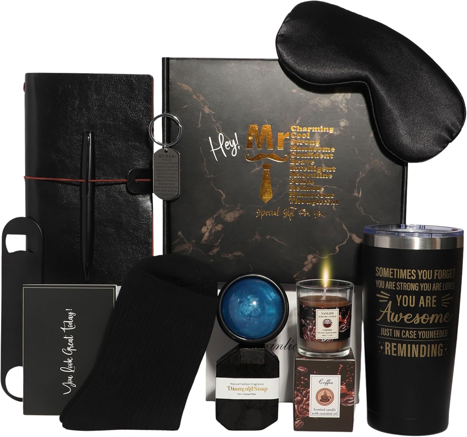 Luxury Men's Gift Box Set with Journal, Travel Tumbler, Scented Candle, Soap, Sleep Mask, Black