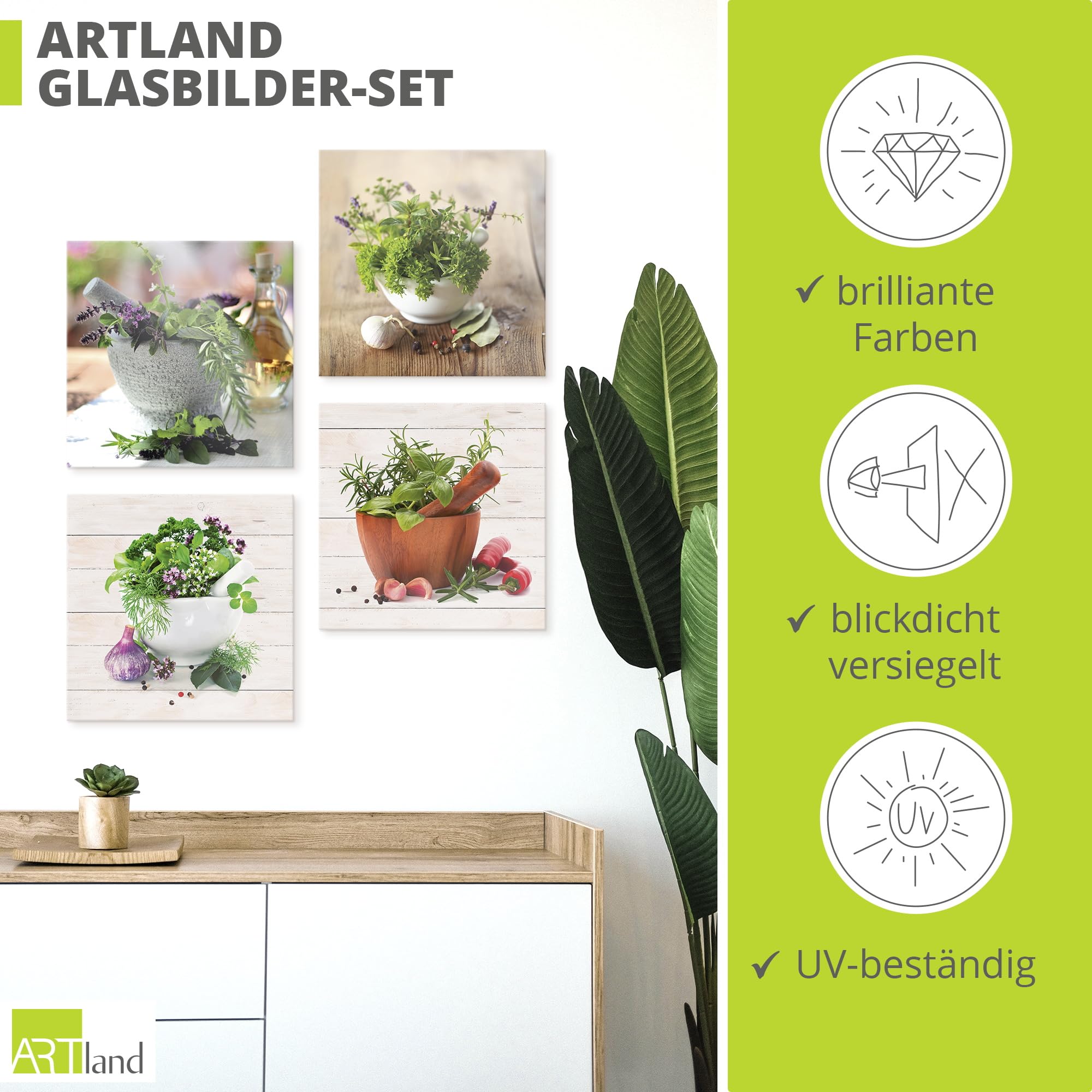 ARTland Wanddeko Glasbilder Wandbild Glas Bild Set 4 teilig je 40x40 cm Quadratisch Stillleben Küche Gewürze Chili Knoblauch Mediterran Holzoptik S6IJ