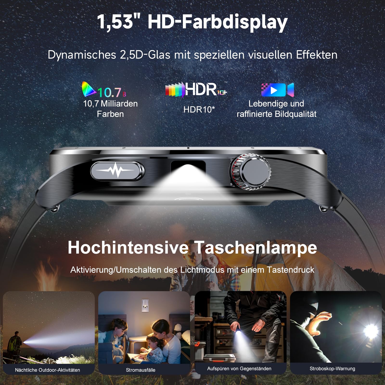 Neu Smartwatch Herren mit AI-GPT, EKG+HRV, 1.53" Runddisplay Gesundheitsuhr | 24H Blutdruck/SpO2/Körpertemperatur/Schlafmonitor, SOS-Telefon, BMI, Harnsäure, LED-Licht, Fitnessuhr für iOS/Android Schwarz