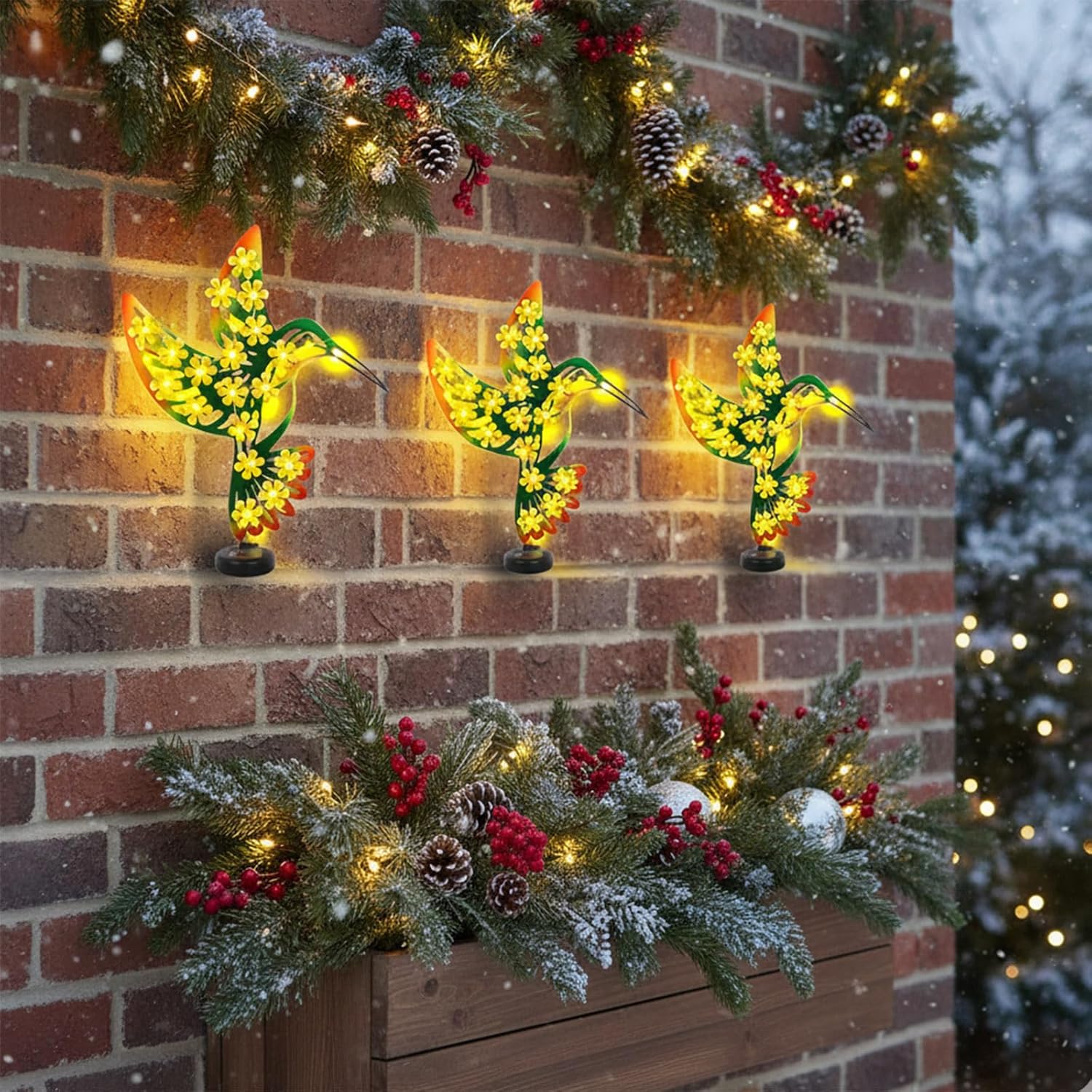 2 Pack Metal Hummingbird Outdoor Wall Decor with 30 Led Solar Lights- 15.4" Outdoor Fence Wall Art Decor, Gift for Mom Grandma Women Birthday Gardening,Hanging Decoration for Garden Patio Porch Yard