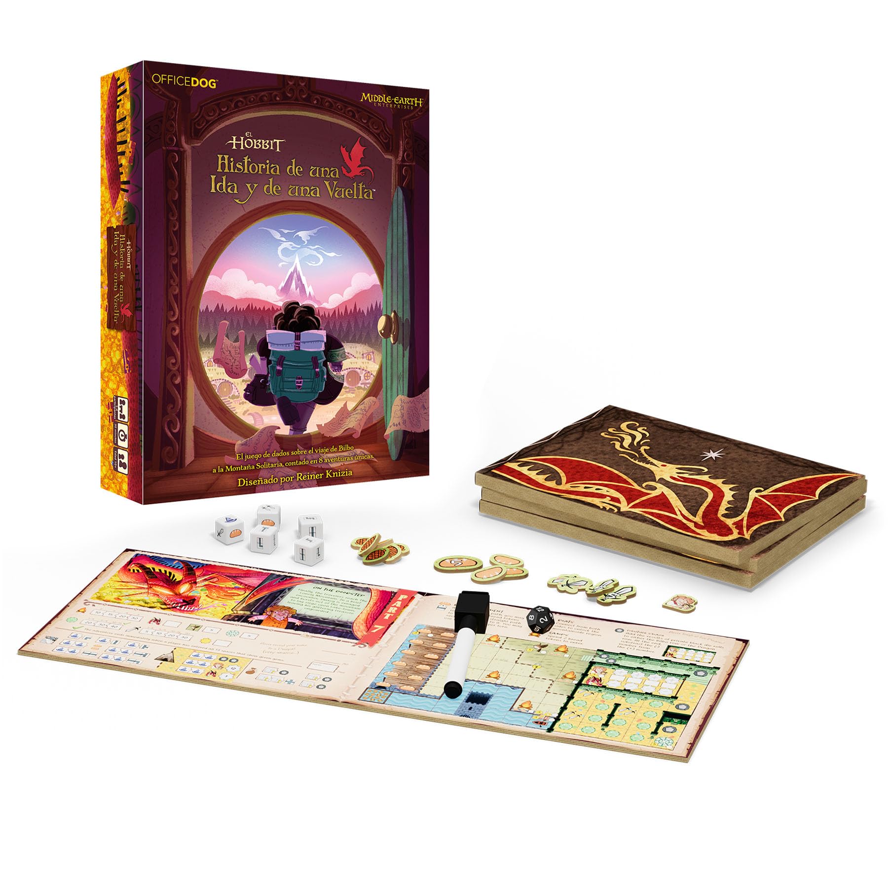 Asmodee El Hobbit: Historia de una IDA y de una Vuelta, Juego Familiar para 1 a 4 Jugadores a Partir de 10 años, Juego de Dados competitivo y narrativo en la Tierra Media, Español