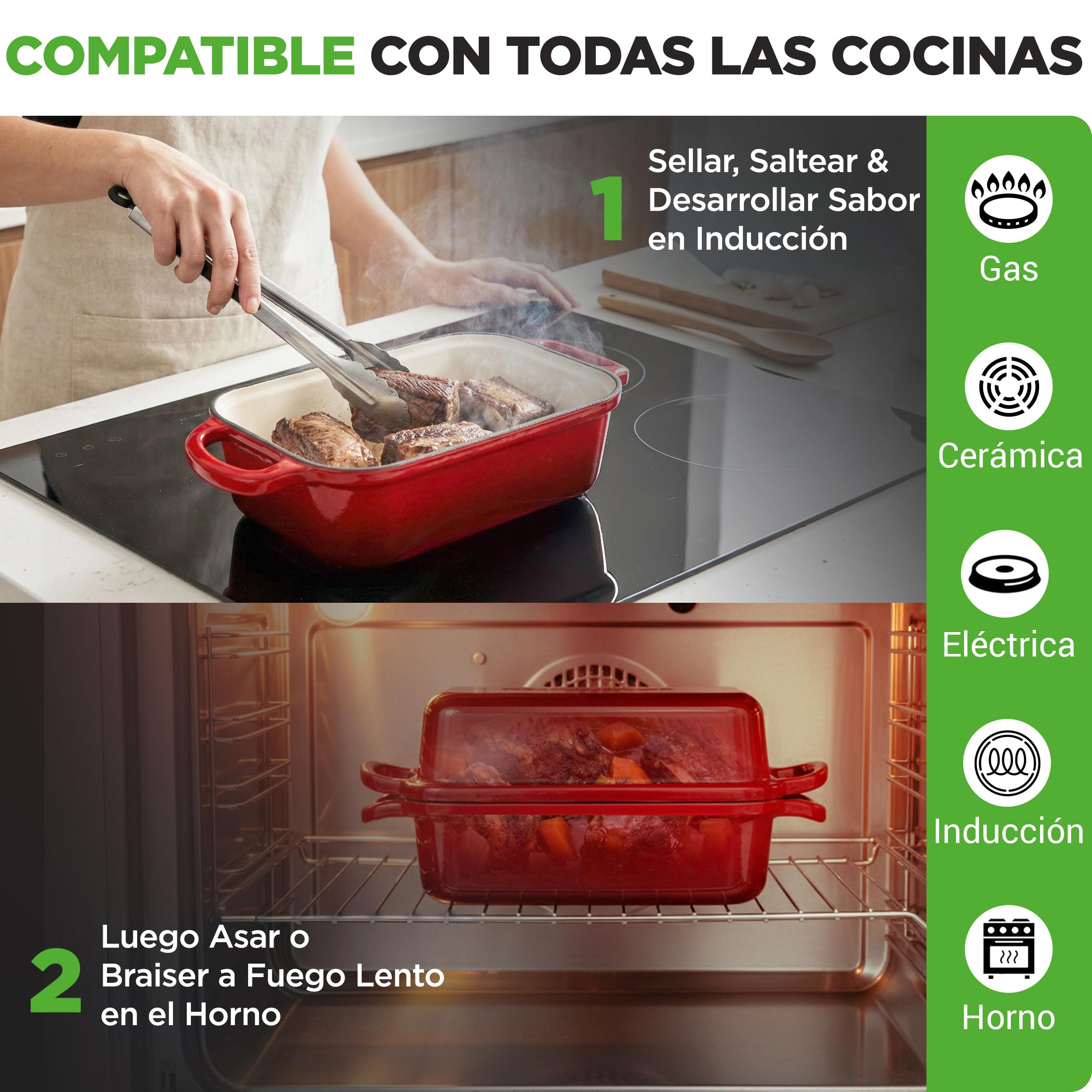 NutriChef horno holandés rectangular para masa madre, Molde para pan con tapa, Hierro fundido esmaltado, Con guantes de silicona para pan artesanal, 35 cm