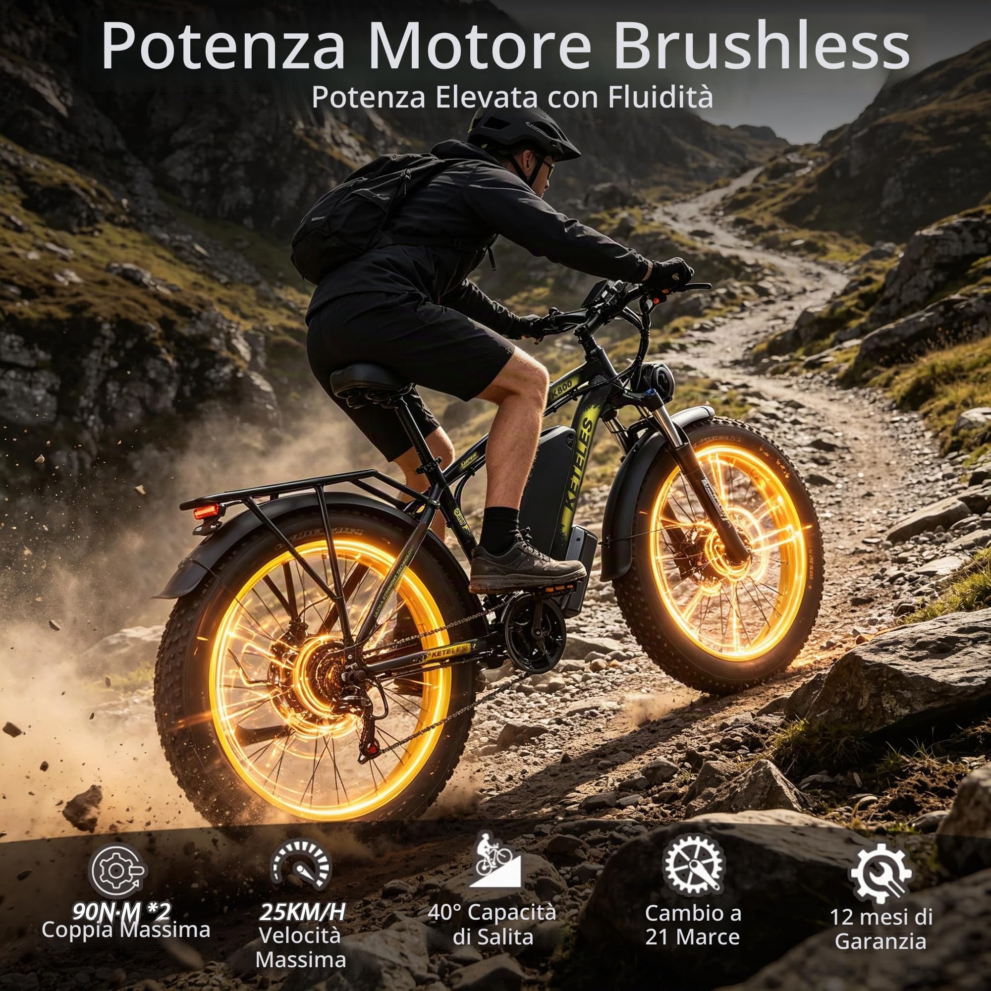 Bicicletta Elettrica Adulto, 26'' ×4.0'' Fat Tire Bici Elettrica, 21 Velocità Bicicletta Elettrica da 48V 23Ah Batteria Rimovibile, 25km/h & Autonomia di 120-140km E-bike