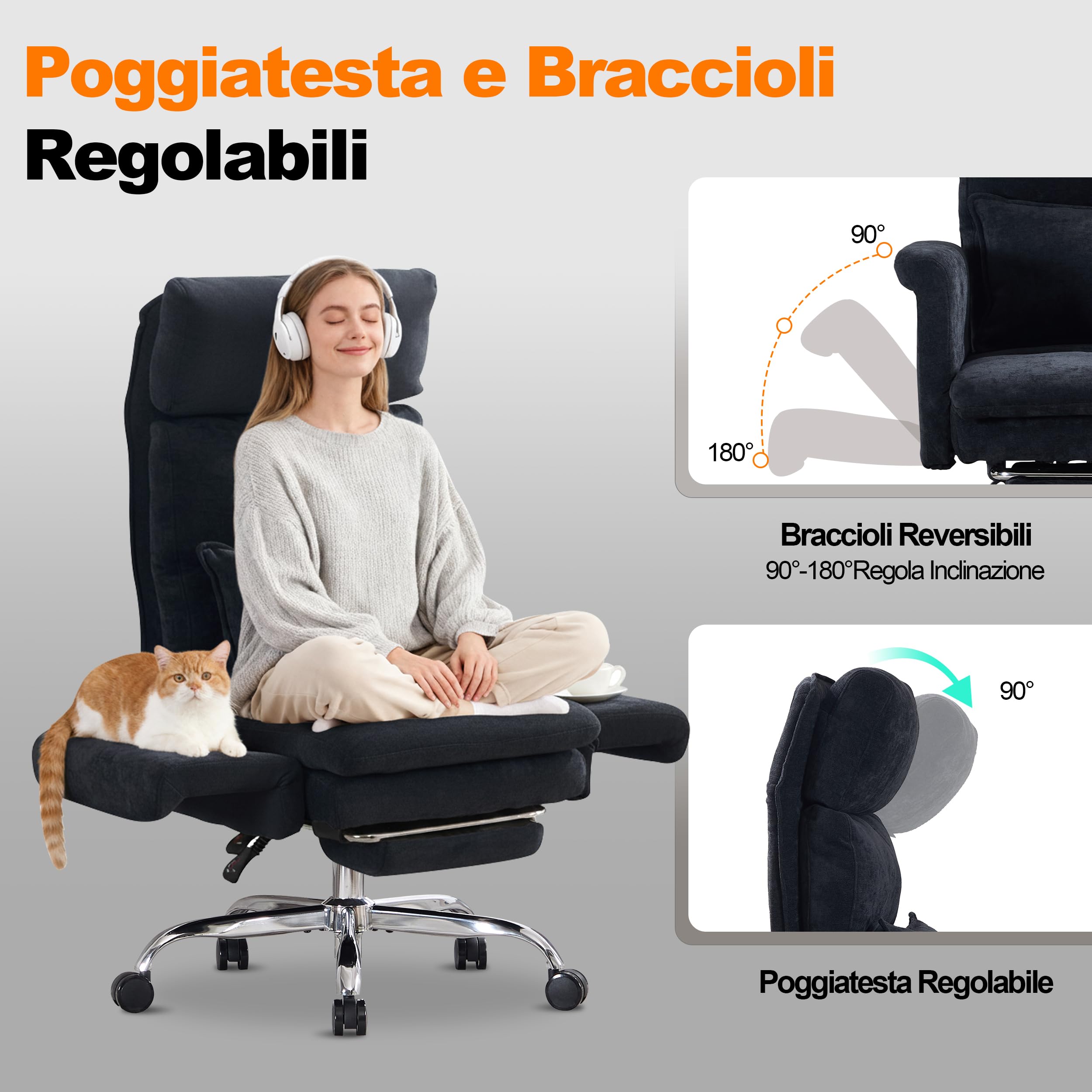 UEV Sedia Ergonomica con Braccioli Reversibili 90°-190°, Alta e Grande, Poltrona Ufficio Ergonomica con Poggiatesta Regolabile e Poggiapiedi Retrattile, Sedia da Scrivania, 70 x 65 x 116-123 cm, Nero