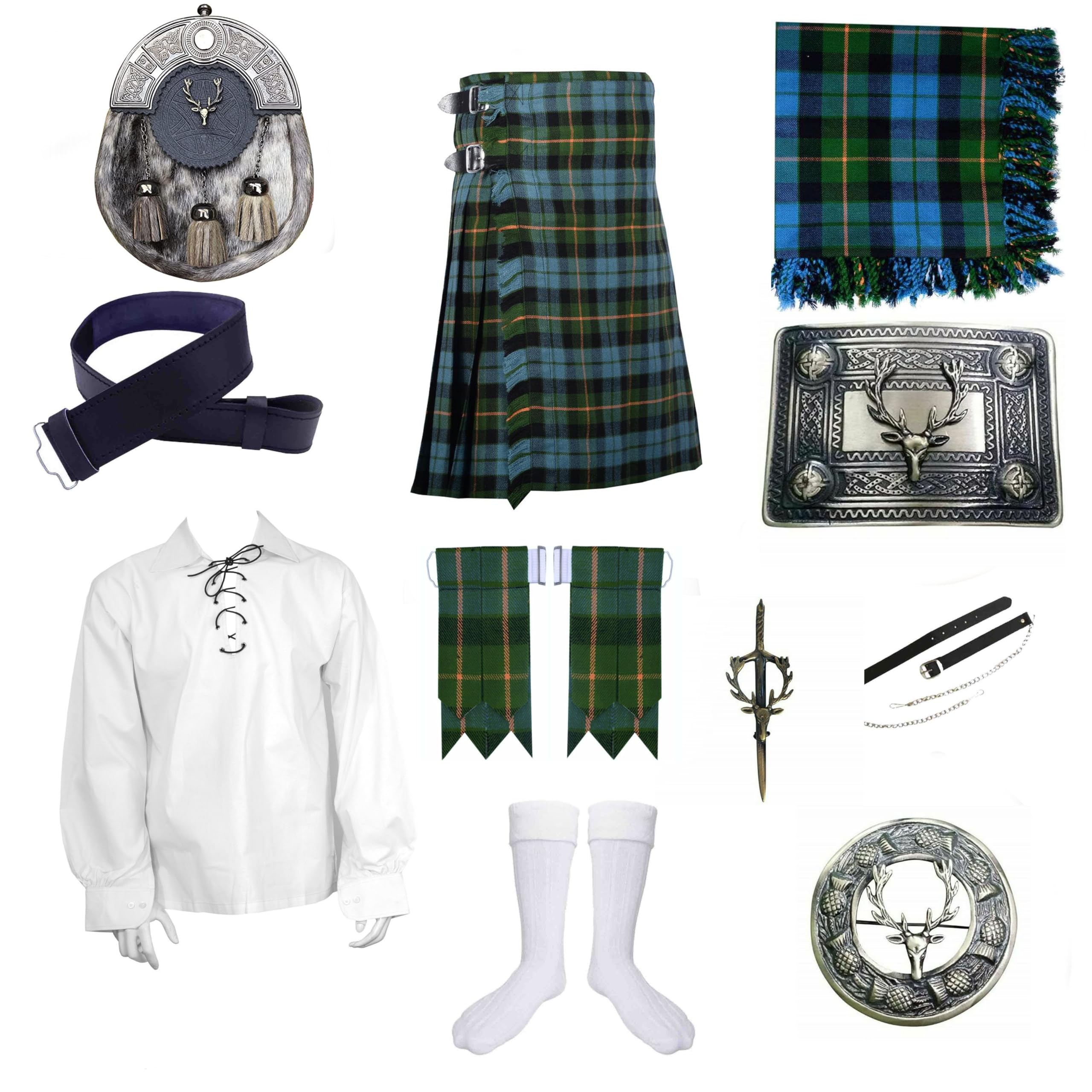 Bingo Sale Men's Scottish Stag Head Gunn Ancient Tartan Wedding Outfit Kilt Dress Traditional Kilt Outfit (30'' Inch Naval Waist)