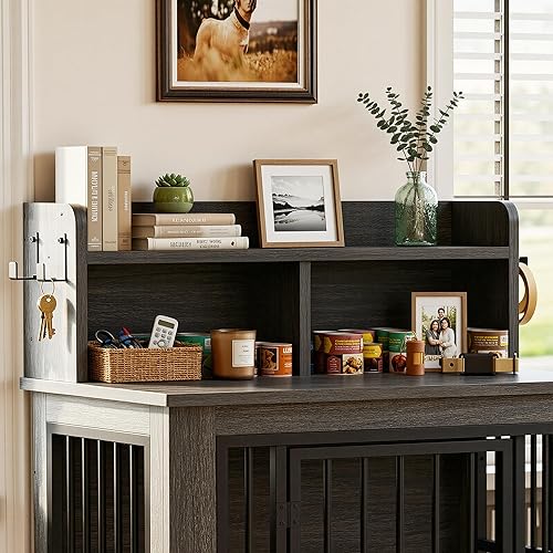 Vista 25 de IRONCK Mueble de jaula extragrande para perros, jaula de madera de 43.3 pulgadas con almacenamiento y 4 ganchos, jaula resistente para perros