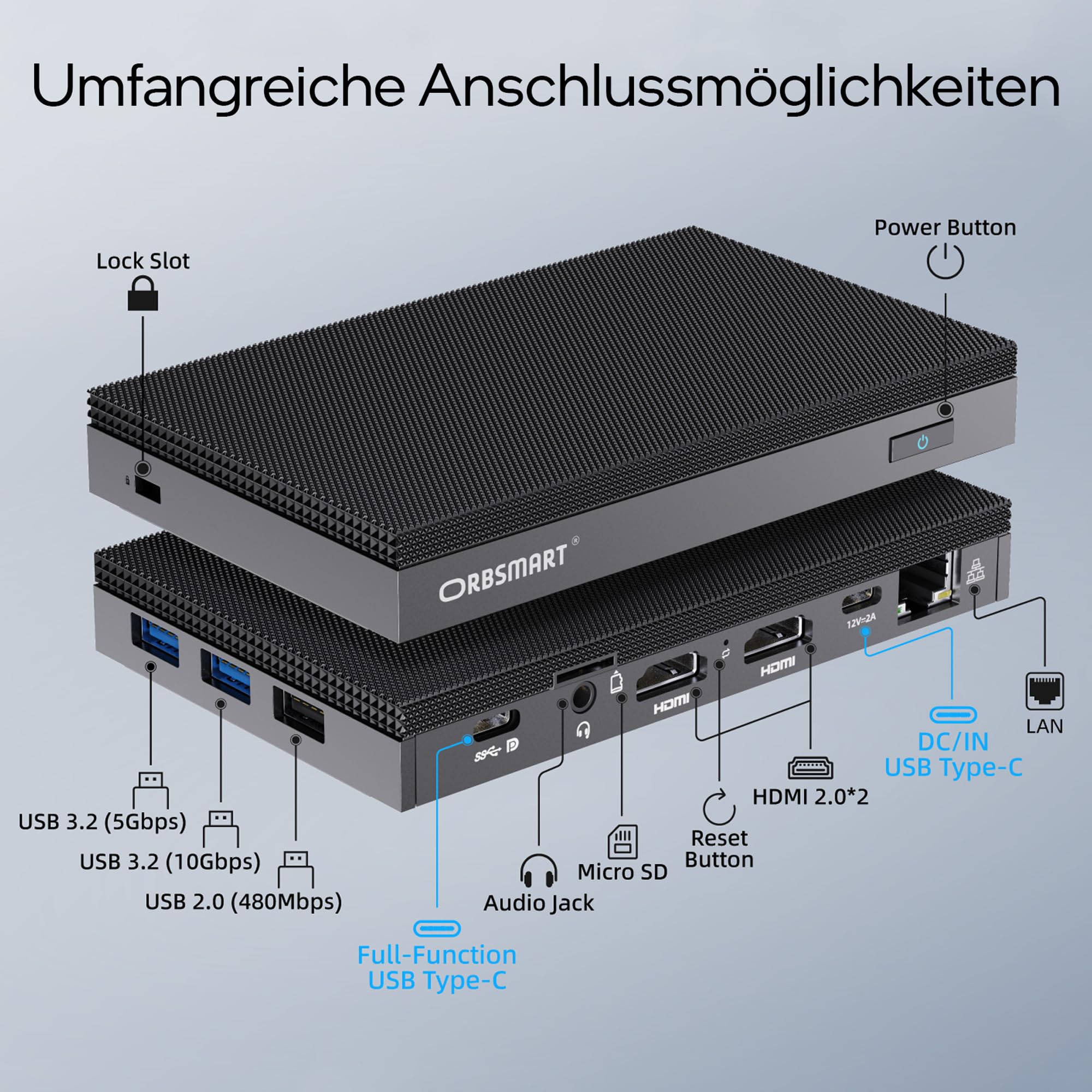 Orbsmart AW-16L Mini PC Win11 Pro komputer stacjonarny | Micro-PC | bez wentylatora | energooszczędny (Intel N150 CPU, 8 GB RAM, 256 GB eMMC, USB-C, WiFi 6) - niemiecki producent