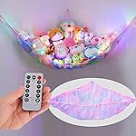 Unicorn Castle Stuffed Animals Net Hammock Kids Toy Storage with LED Light Plush Toy Organizer Corner Hanging Stuffed Animals Holder For Nursery Kids Girls Room Decor