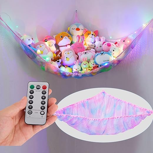 Unicorn Castle Stuffed Animals Net Hammock Toy Storage with LED Light Plush Toy Organizer Corner Hanging Stuffed Animals Holder For Nursery Room Decor
