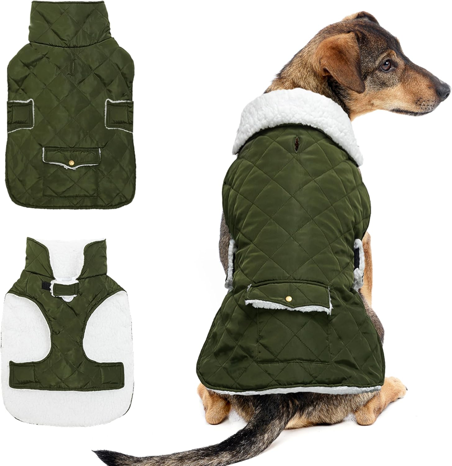 Dog Winter Coat - Windproof Fleece Warm Thick Dog Jacket Clothes for Cold Weather - Green Pet Vest Coat Outfits for Small Medium Large Dogs - Indoor & Outdoor Use (S-XXL)