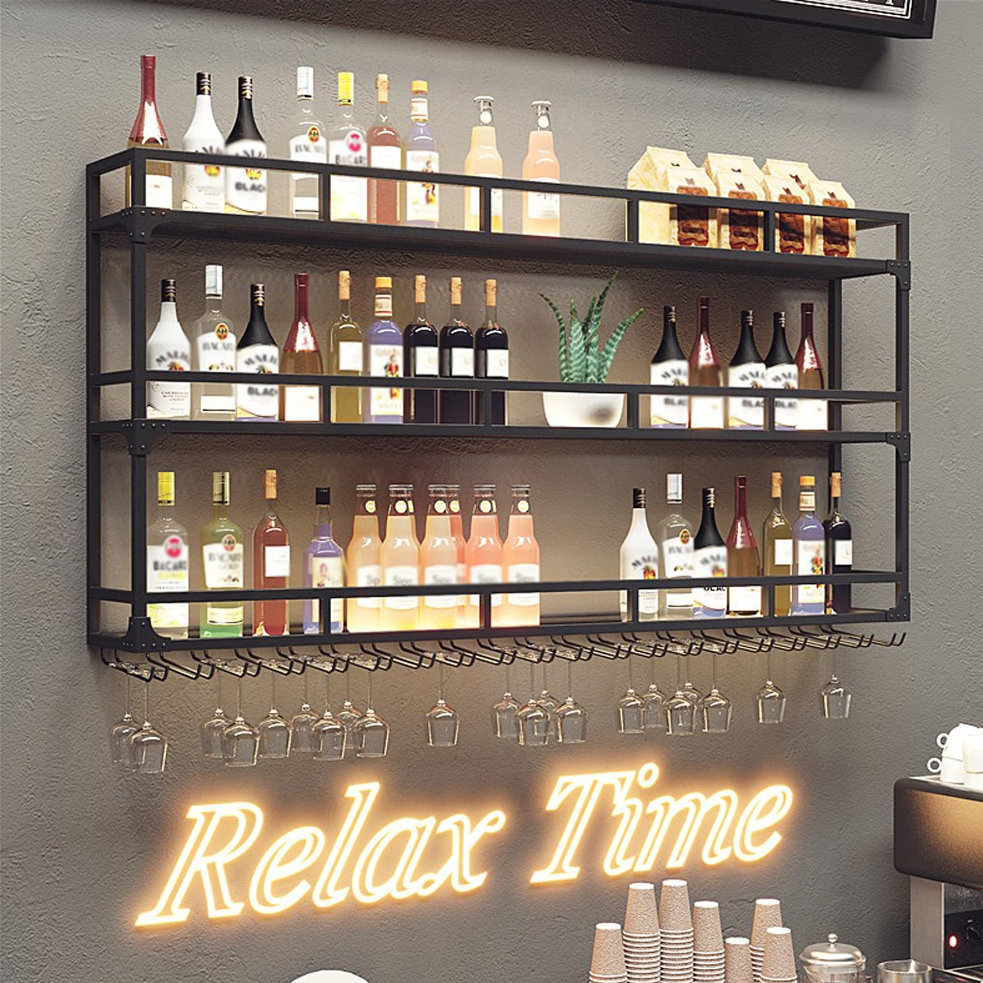 Portabottiglie da parete in metallo con illuminazione a LED, 3 ripiani, per casa, bar e cucina, supporto da parete per bottiglie di vino, elegante design nero (180 cm)