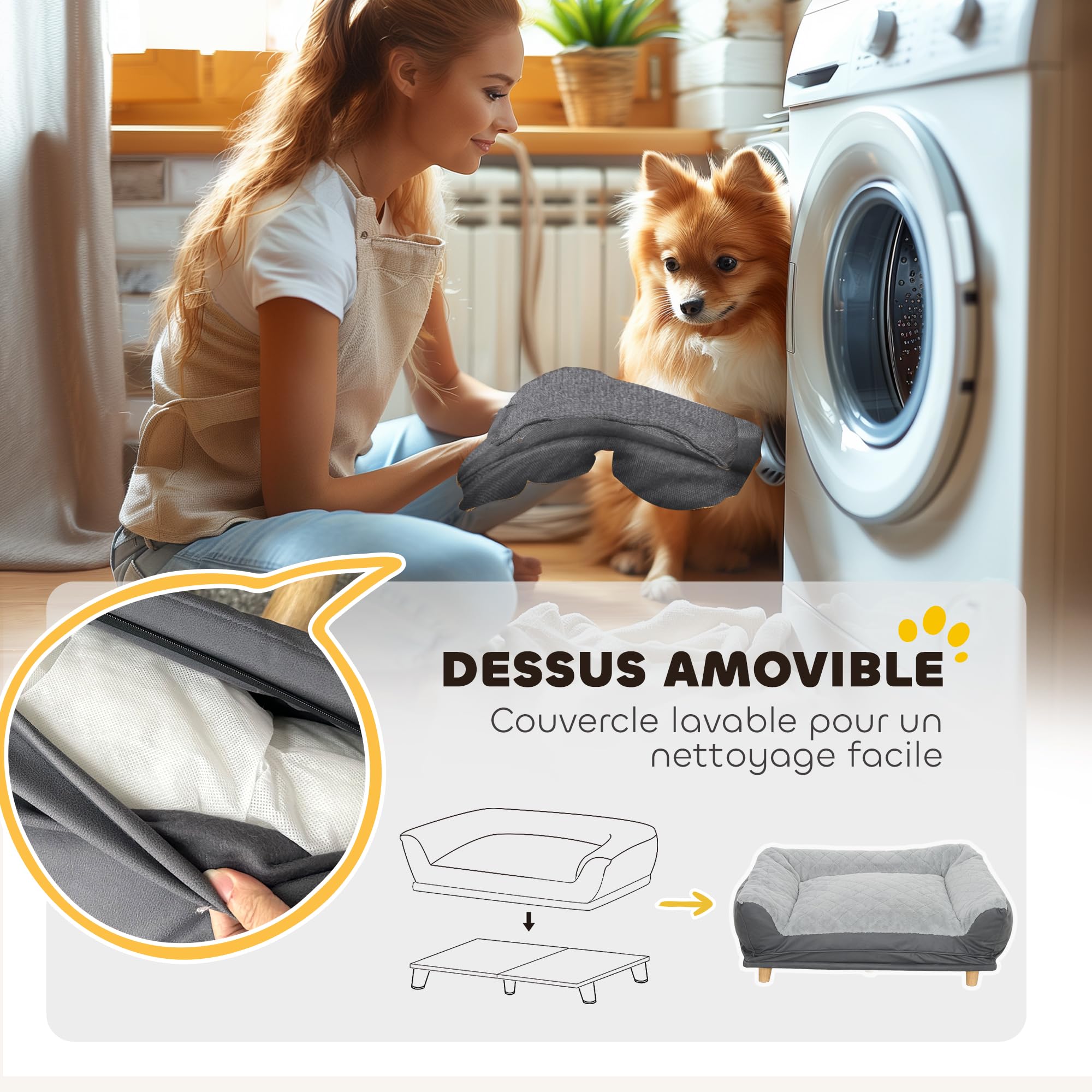 PawHut Canapé pour Chien Fauteuil Chien Housse Amovible Lavable Pieds Bois Pin Patins Antidérapants 100 x 70 x 30 cm Gris