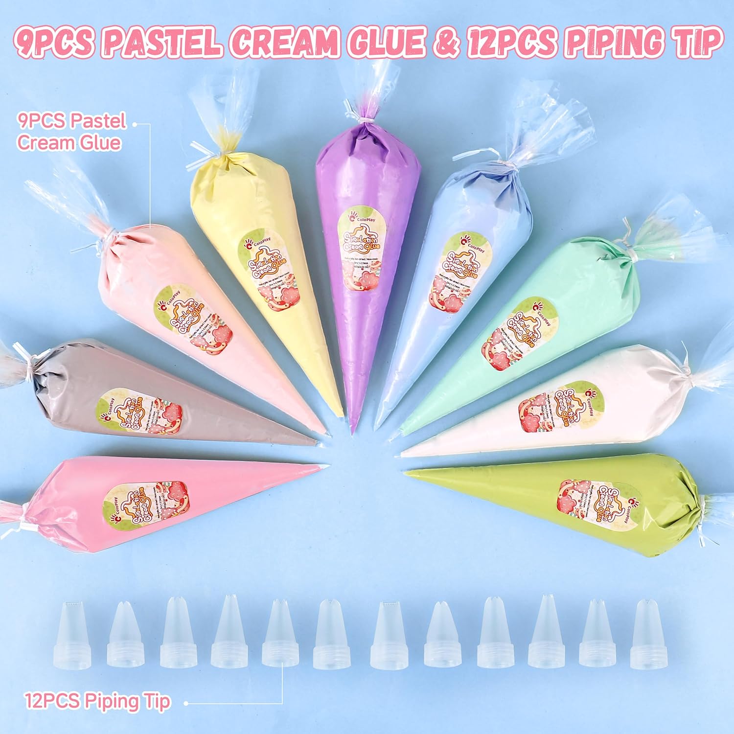 Cream Glue, 9PCS Candy Colors 100g Fake Whipped Cream Glue with 6PCS Piping Tip, DIY Phone Case Kit for Decoration Craft for Birthday, Christmas