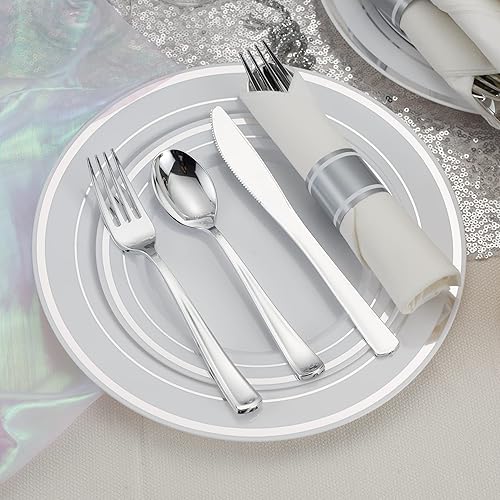 Miniatura 4 de Juego de servilletas preenrolladas y cubiertos plateados, 30 paquetes de cubiertos de plástico desechables plateados resistentes que incluyen 30