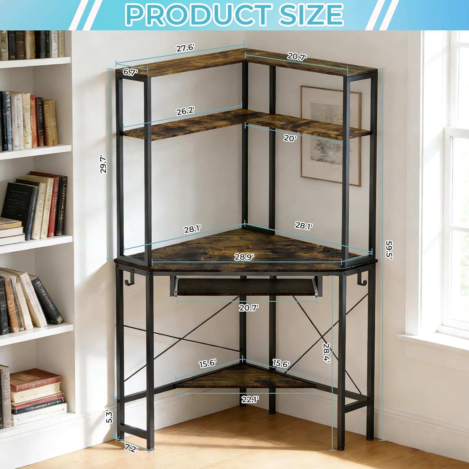 Corner Desk with Hutch and LED Lights, Corner Computer Desk with Keyboard Tray and Monitor Stand, Small Computer Desk for Small Spaces, Home Office（Rustic Brown）